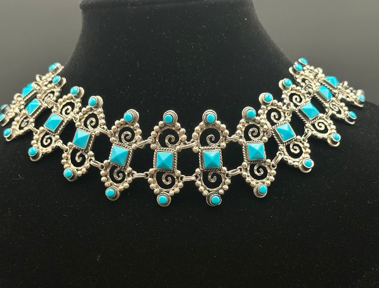 Mexican Sterling Silver & Turquoise Inlay Necklace, Marked TLOX, 70g (1 of 10)