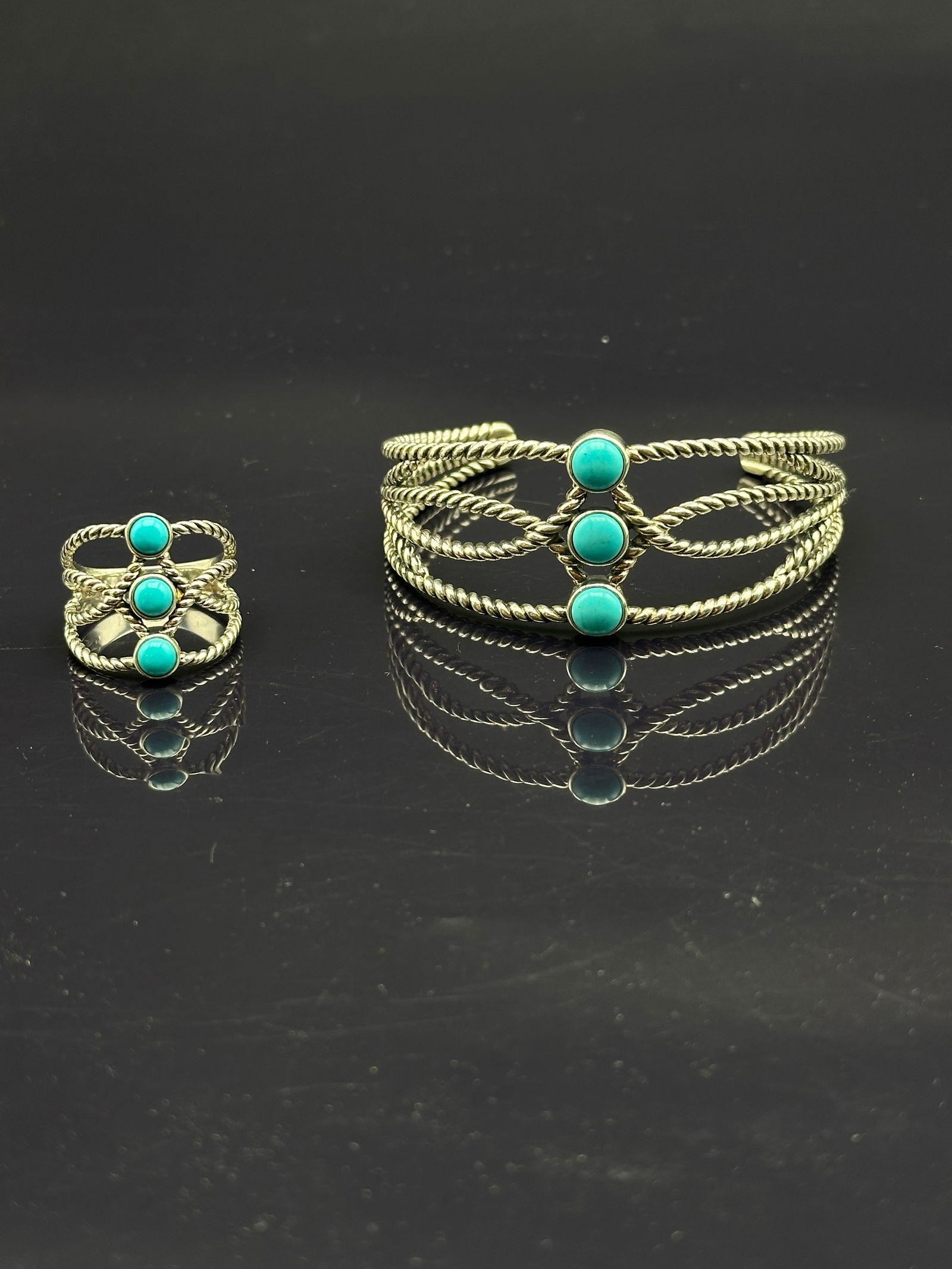 Sterling Silver Turquoise Bracelet & Ring Set – Navajo Style (1 of 10)