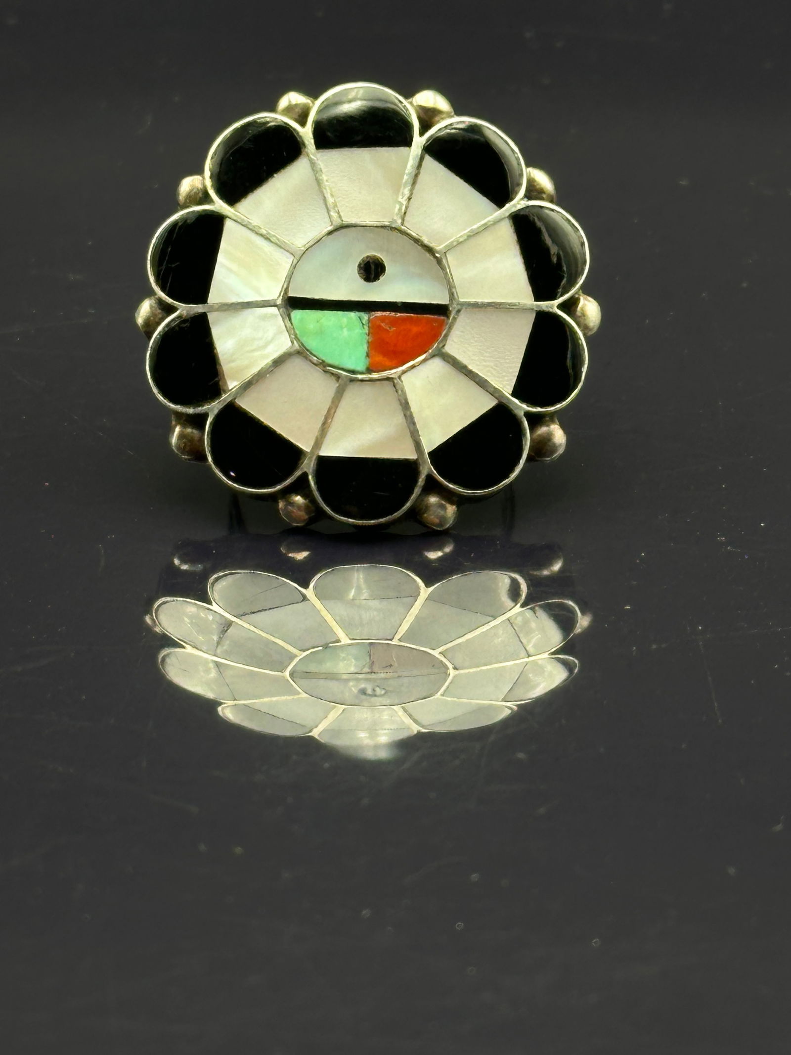 Zuni Sterling Silver Sunface Inlay Ring Signed D.J. Nahate Size 8 – 8.1g (1 of 7)