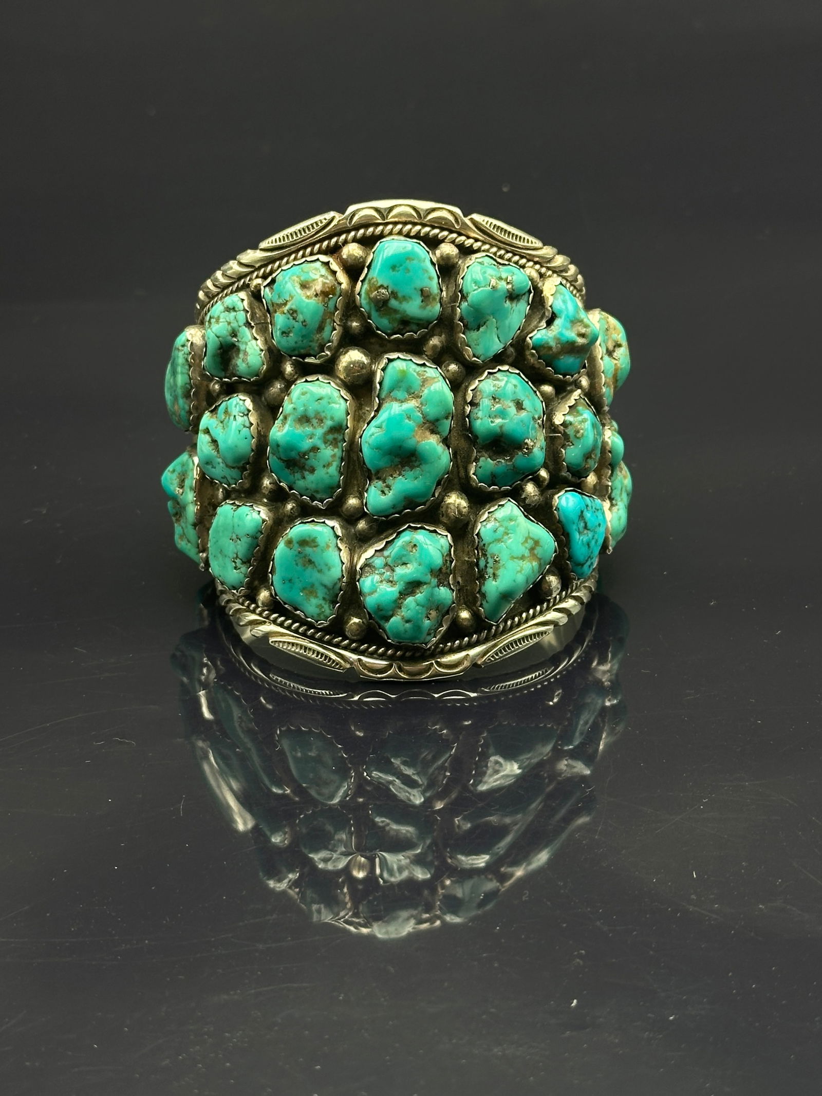 Massive Navajo Sterling Silver Turquoise Cluster Cuff Bracelet Signed – 149.3g (1 of 12)
