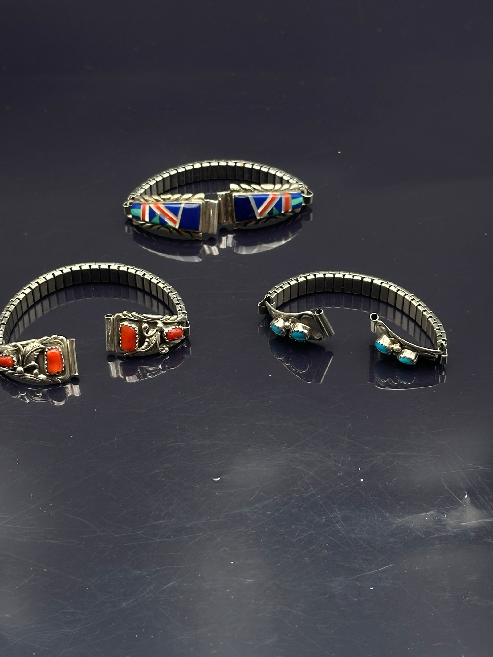 Lot of 3 Vintage Navajo/Zuni Sterling Silver Watch Tips with Coral, Turquoise & Inlay – 41.8g (1 of 7)