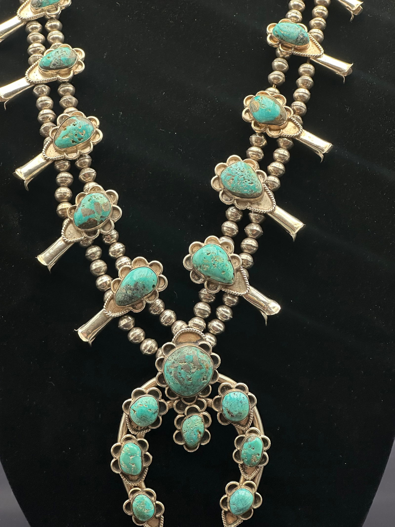 Vintage Navajo Sterling Silver Turquoise Squash Blossom Necklace, Signed K, 97g (1 of 13)