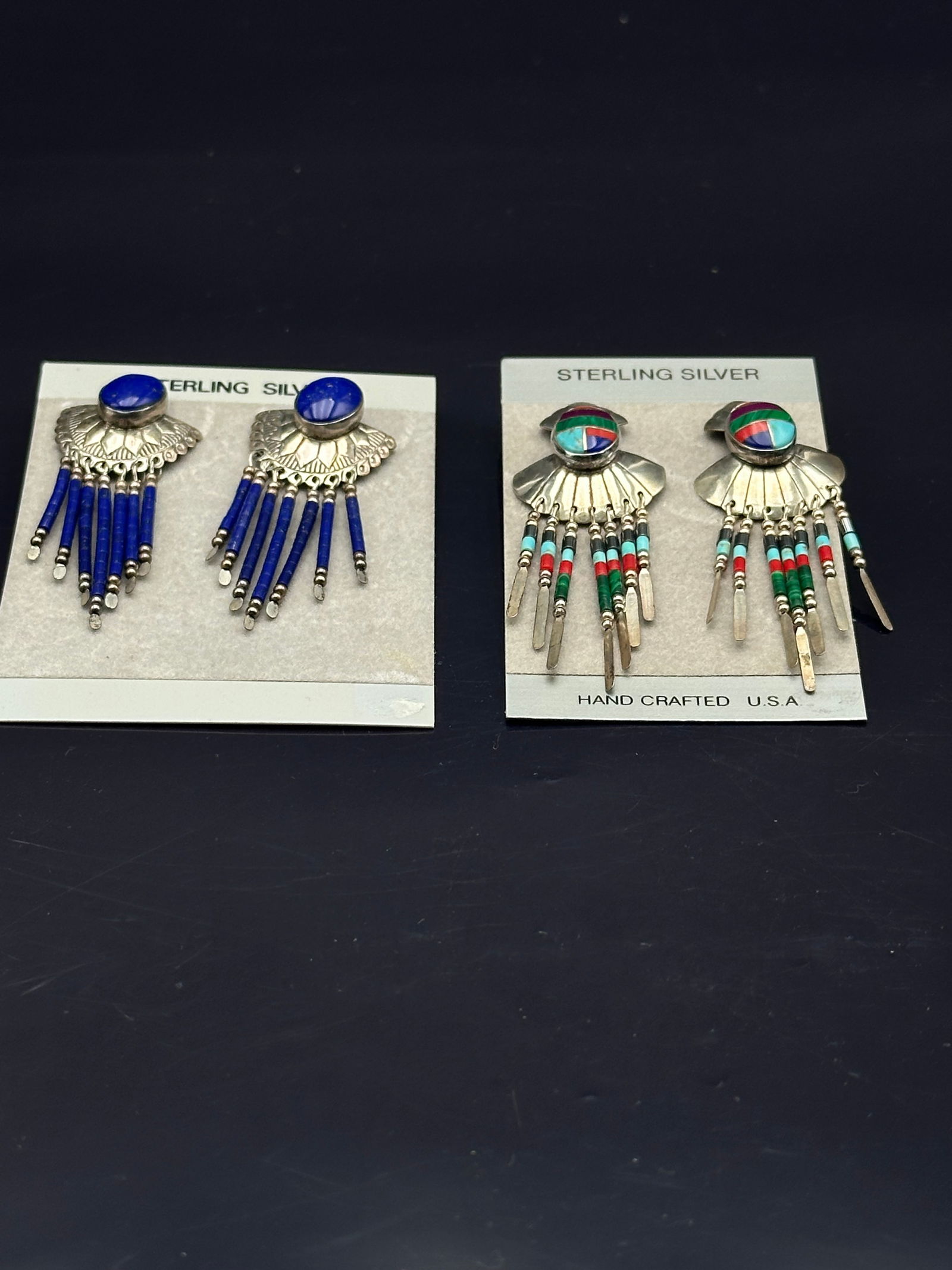 Pair of Native American Sterling Silver Dangle Earrings – Lapis & Multi-Stone Inlay (1 of 4)