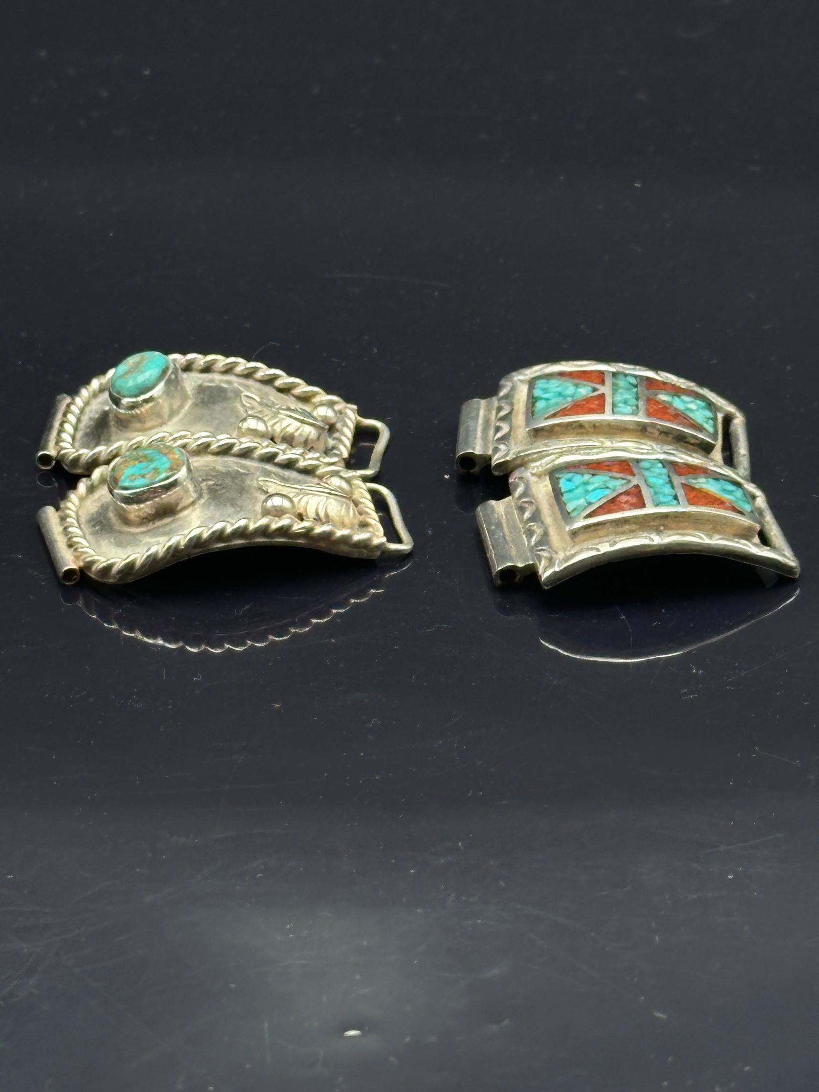 Two Vintage Navajo Sterling Silver Watch Tips – Turquoise & Coral Inlay, Signed Anvil Mark (1 of 8)