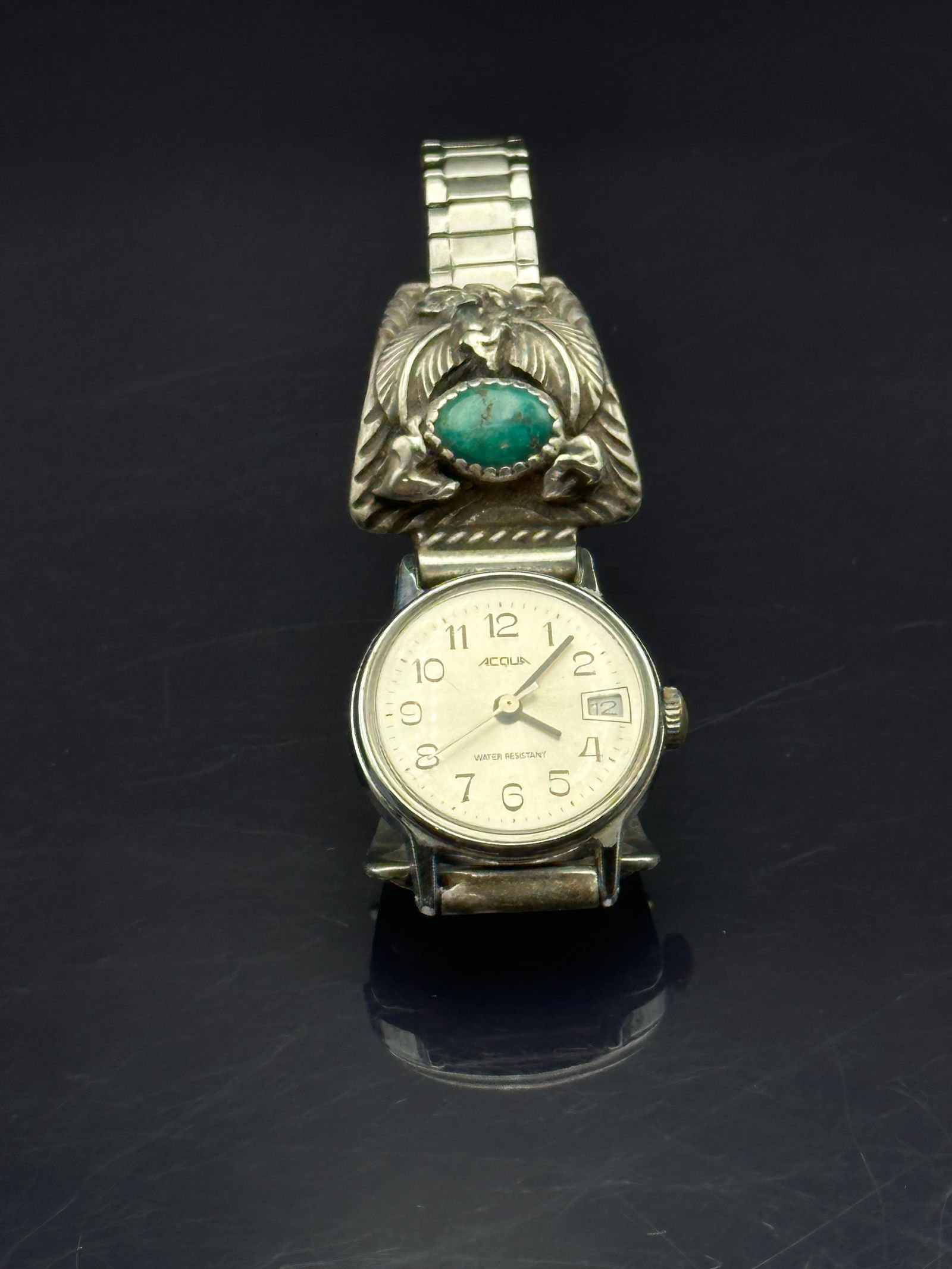 Vintage Accurist Wristwatch with Navajo Sterling Silver Turquoise Tips, 40.4g (1 of 7)