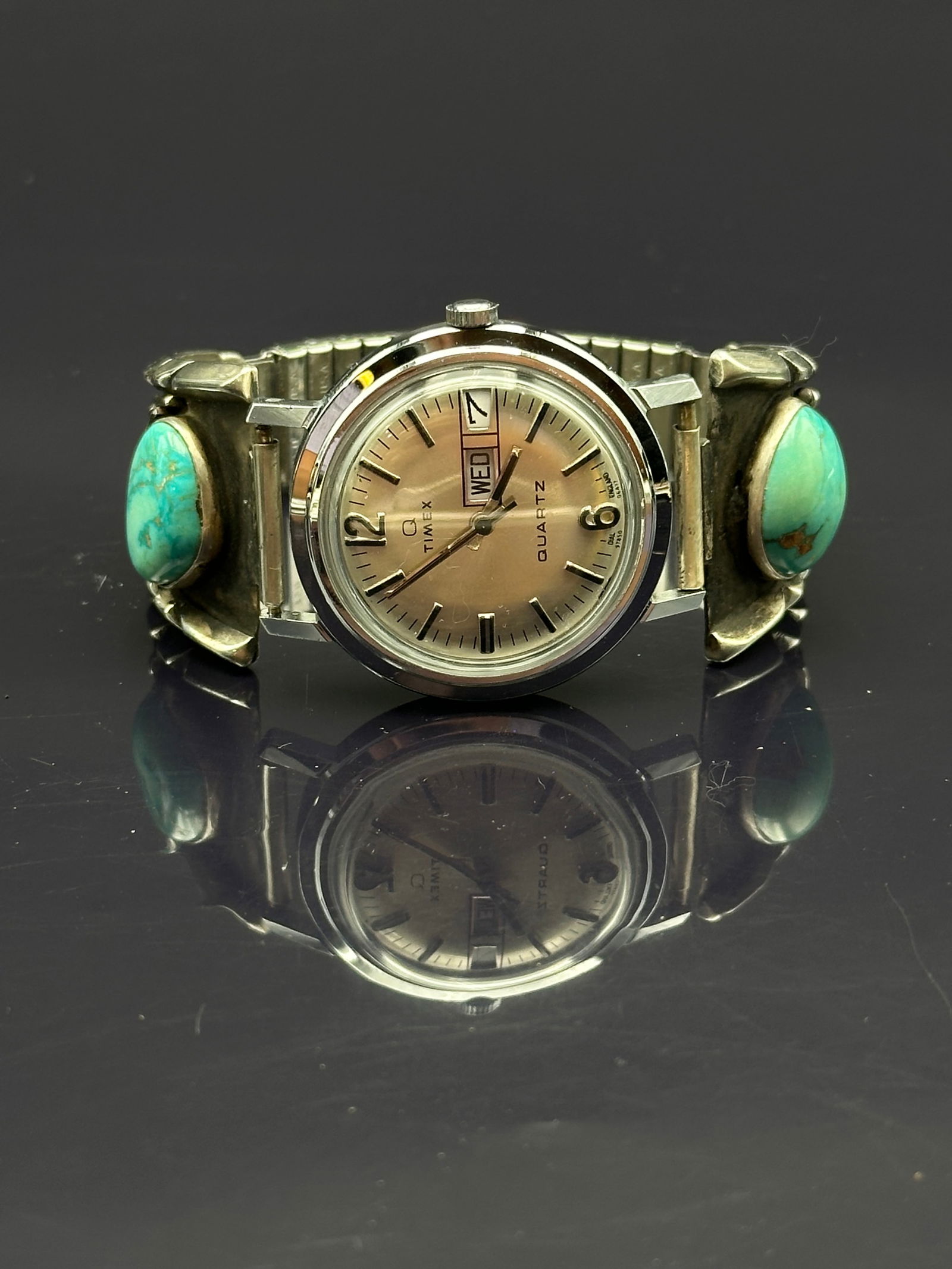 Vintage Timex Quartz Wristwatch with Navajo Sterling Silver Turquoise Tips, 80.4g (1 of 7)