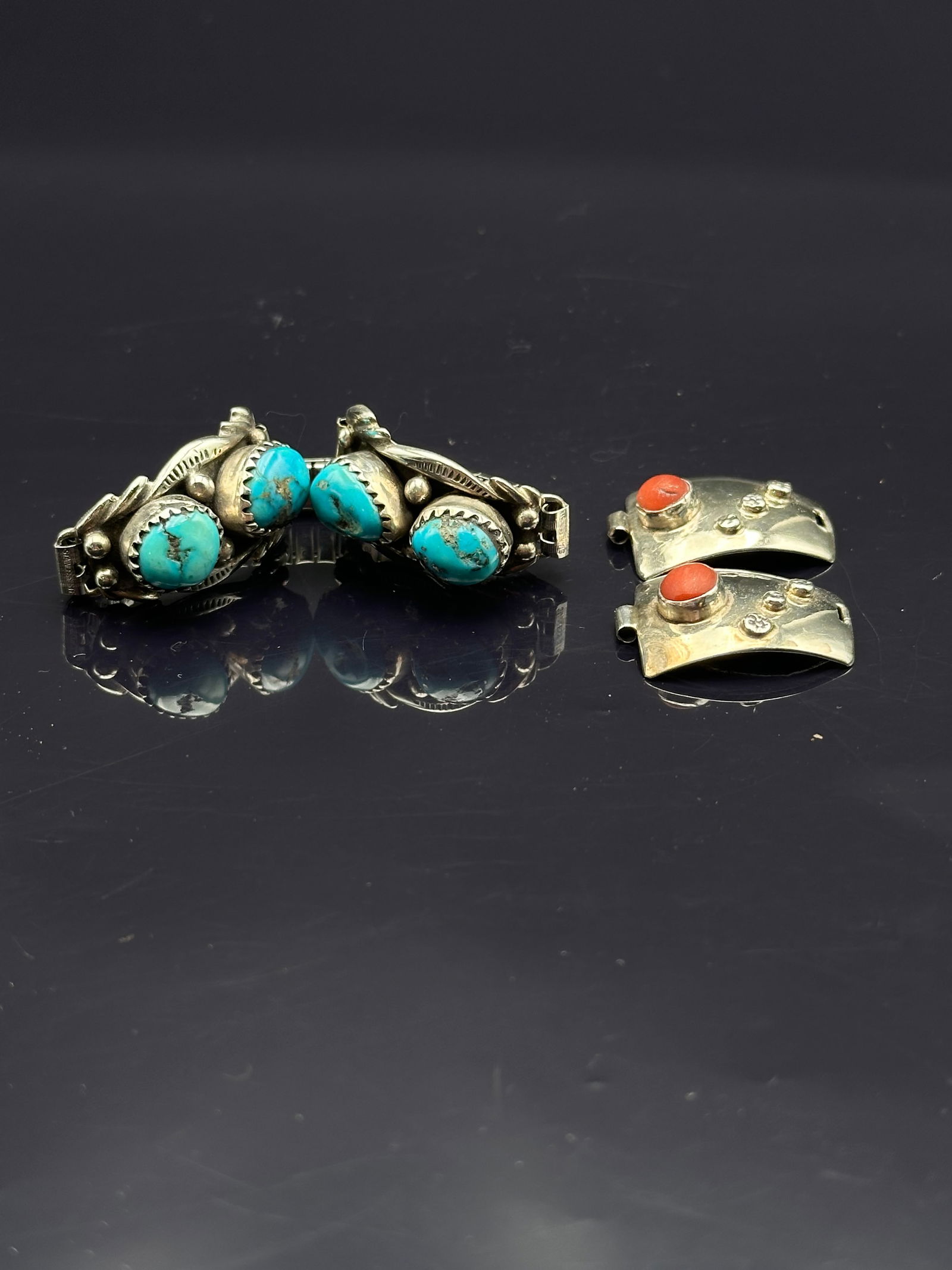 Pair of Navajo Sterling Silver Watch Tips – Turquoise & Coral, Signed LB, 35.6g (1 of 6)
