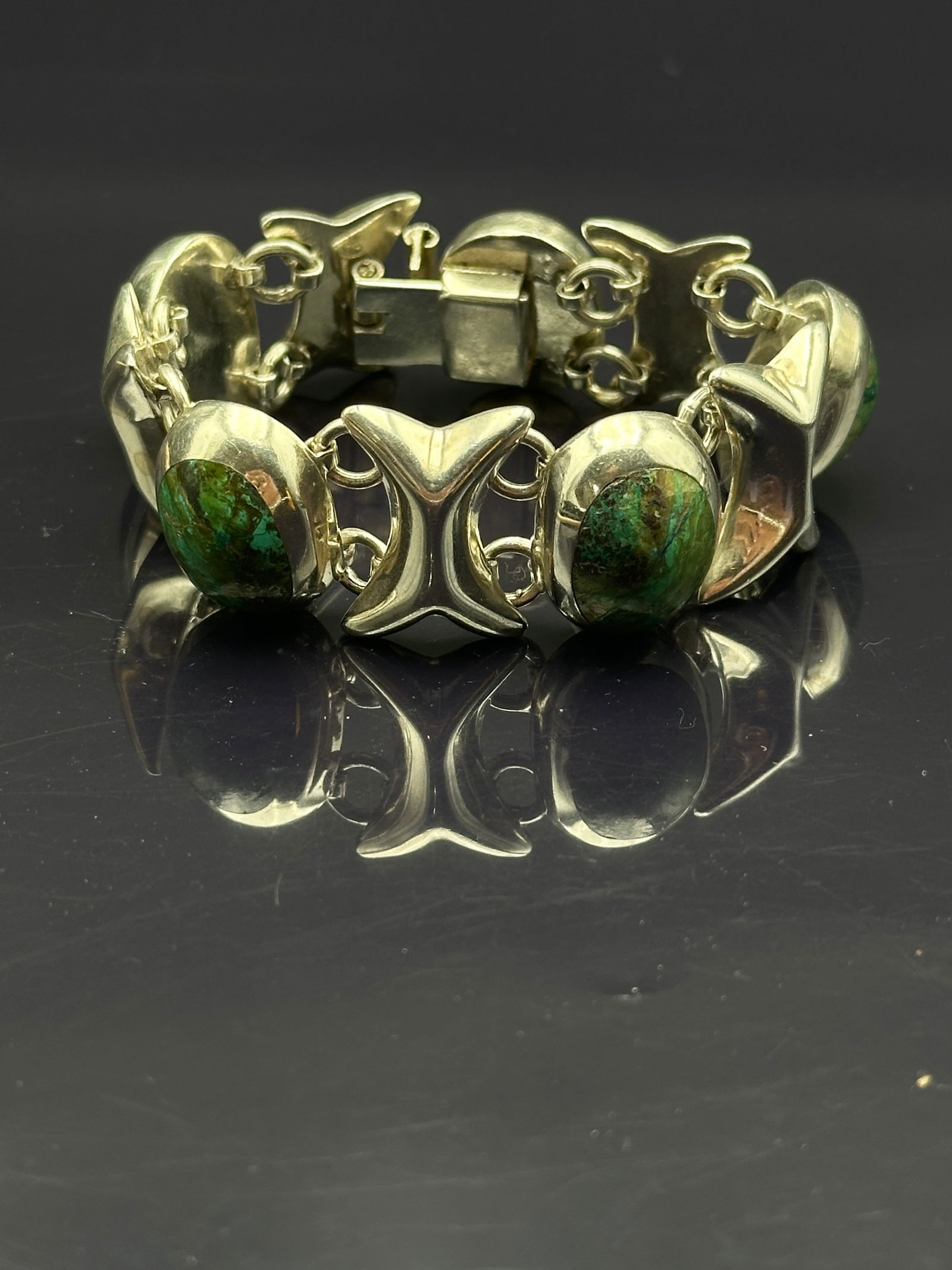 Mexican Sterling Silver Green Stone Bracelet, Taxco Hallmark, 77.6g (1 of 8)