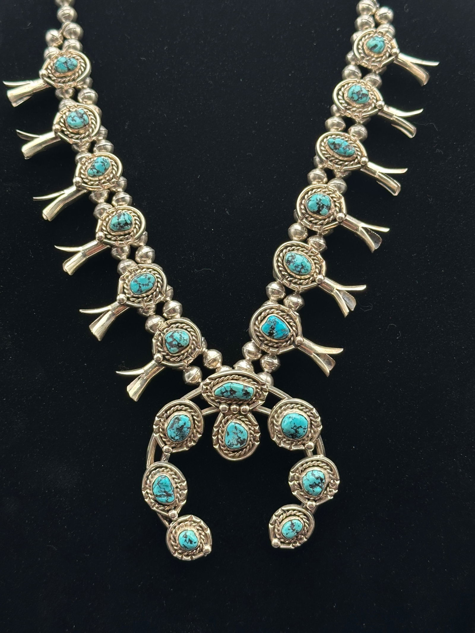 Navajo Sterling Silver Squash Blossom Necklace with Turquoise, 75g (1 of 12)