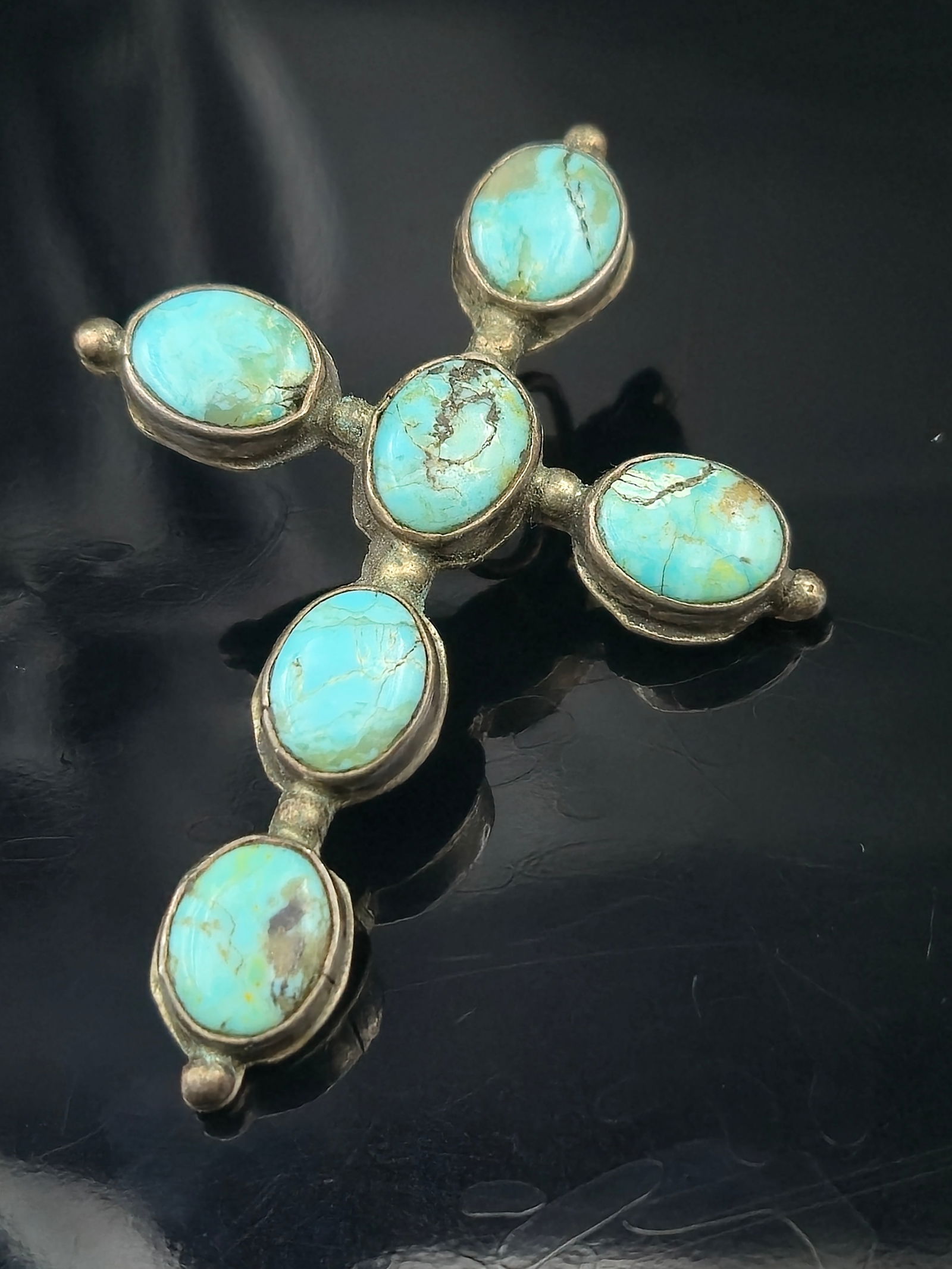 Navajo Benny Chee Sterling Silver Turquoise Cross Pendant Signed BC 5.5g Six Oval Cabochons (1 of 7)