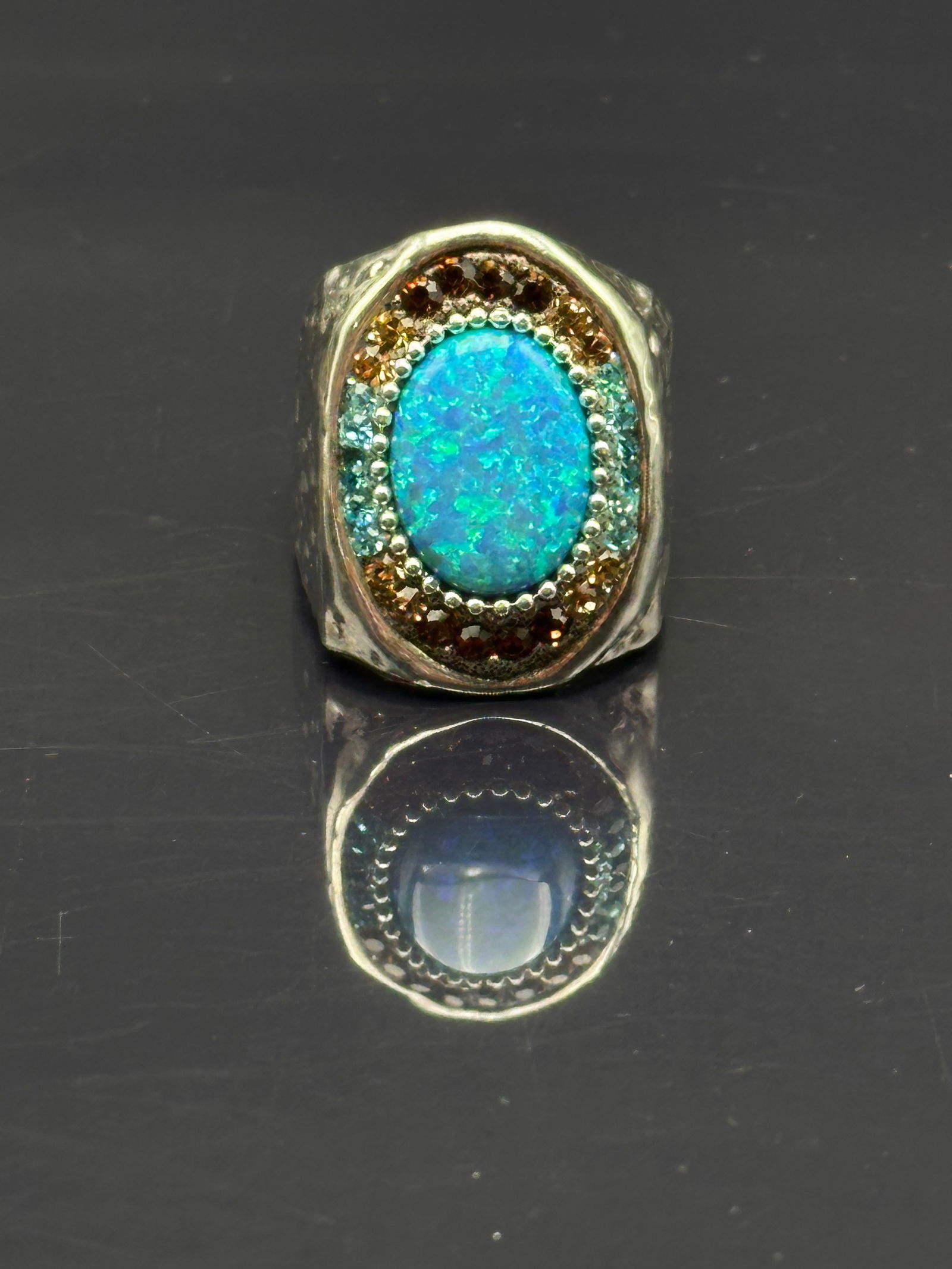 Israeli Sterling Silver Statement Ring with Opal & Gemstones, O.S. 925 (1 of 10)
