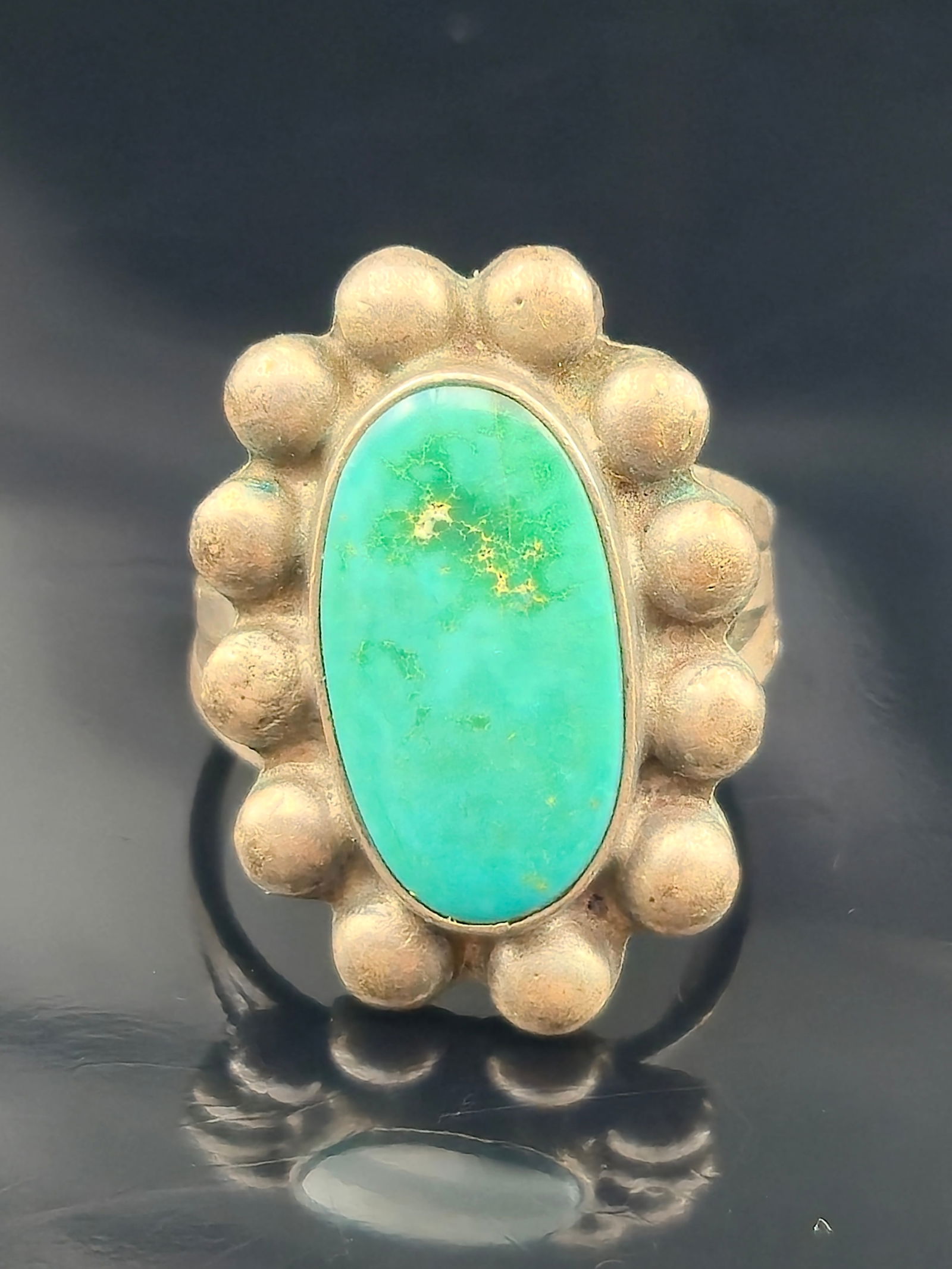 Native American Sterling Silver Turquoise Ring Size 6 Oval Cabochon Raindrop Bezel Design 7.4g (1 of 7)