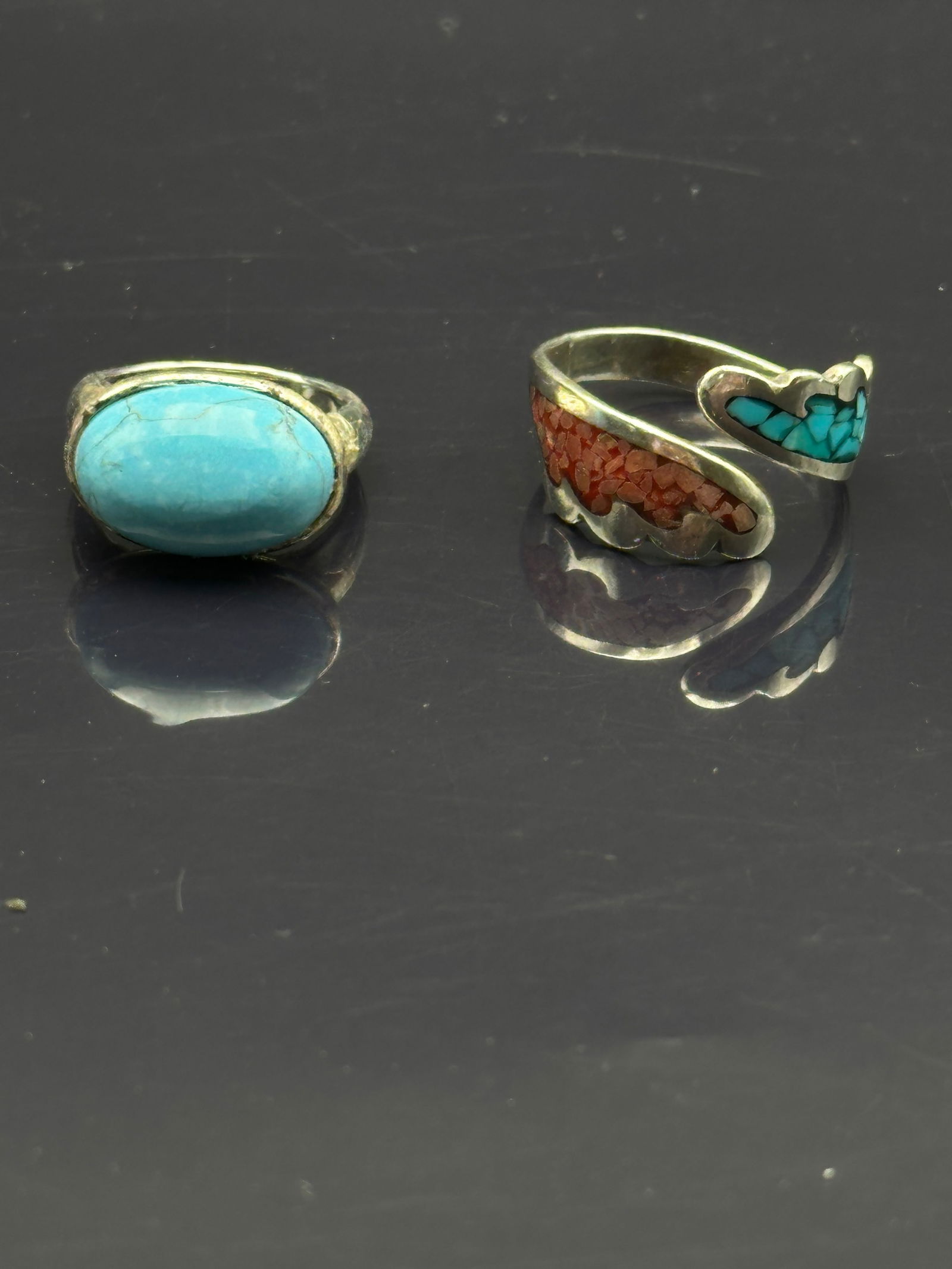Two Sterling Silver Rings with Turquoise & Coral Inlay (1 of 10)