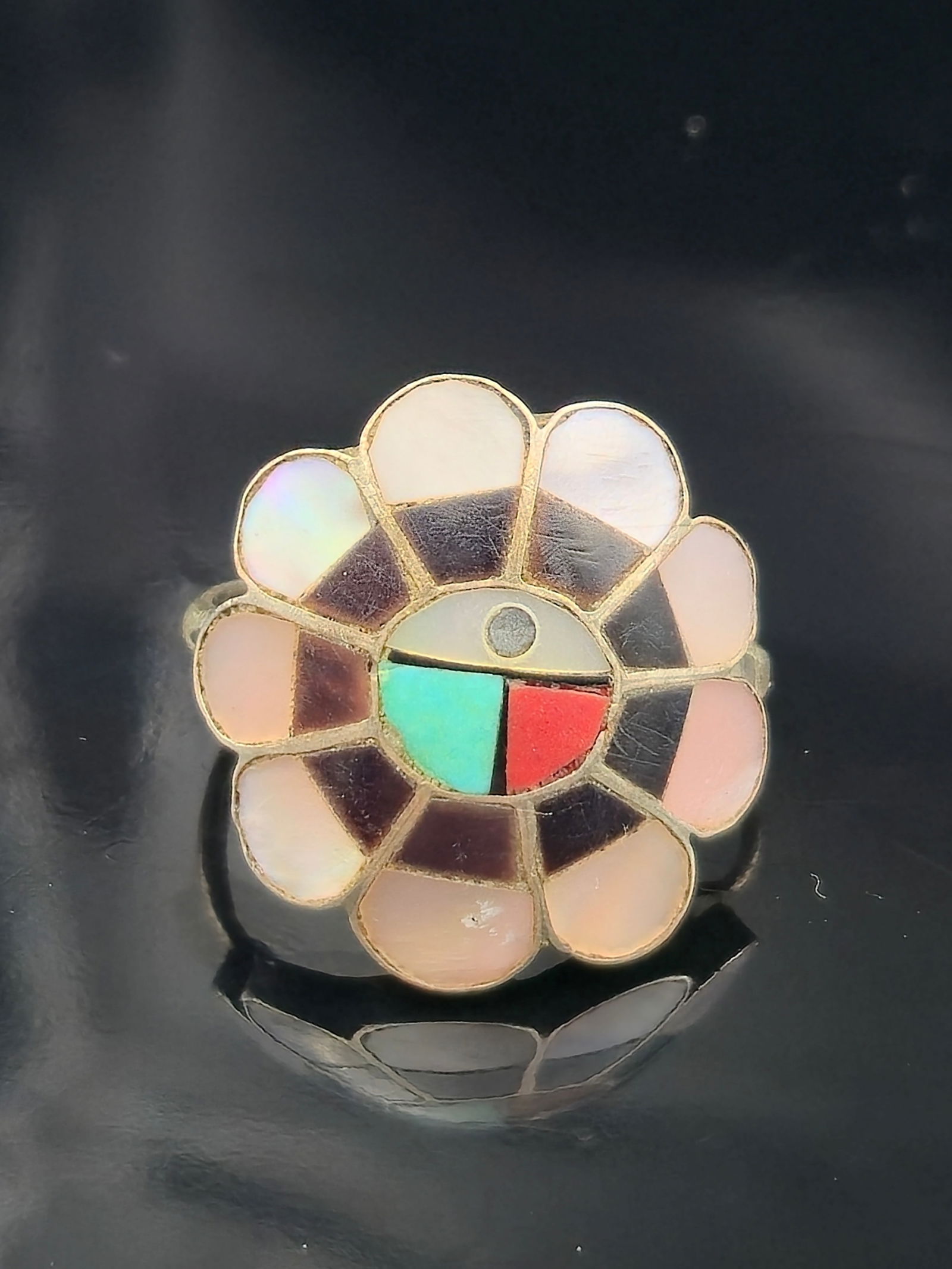 Zuni Sterling Silver Sunface Inlay Ring Size 5 Turquoise Coral Mother of Pearl Onyx Flower Design 2. (1 of 7)