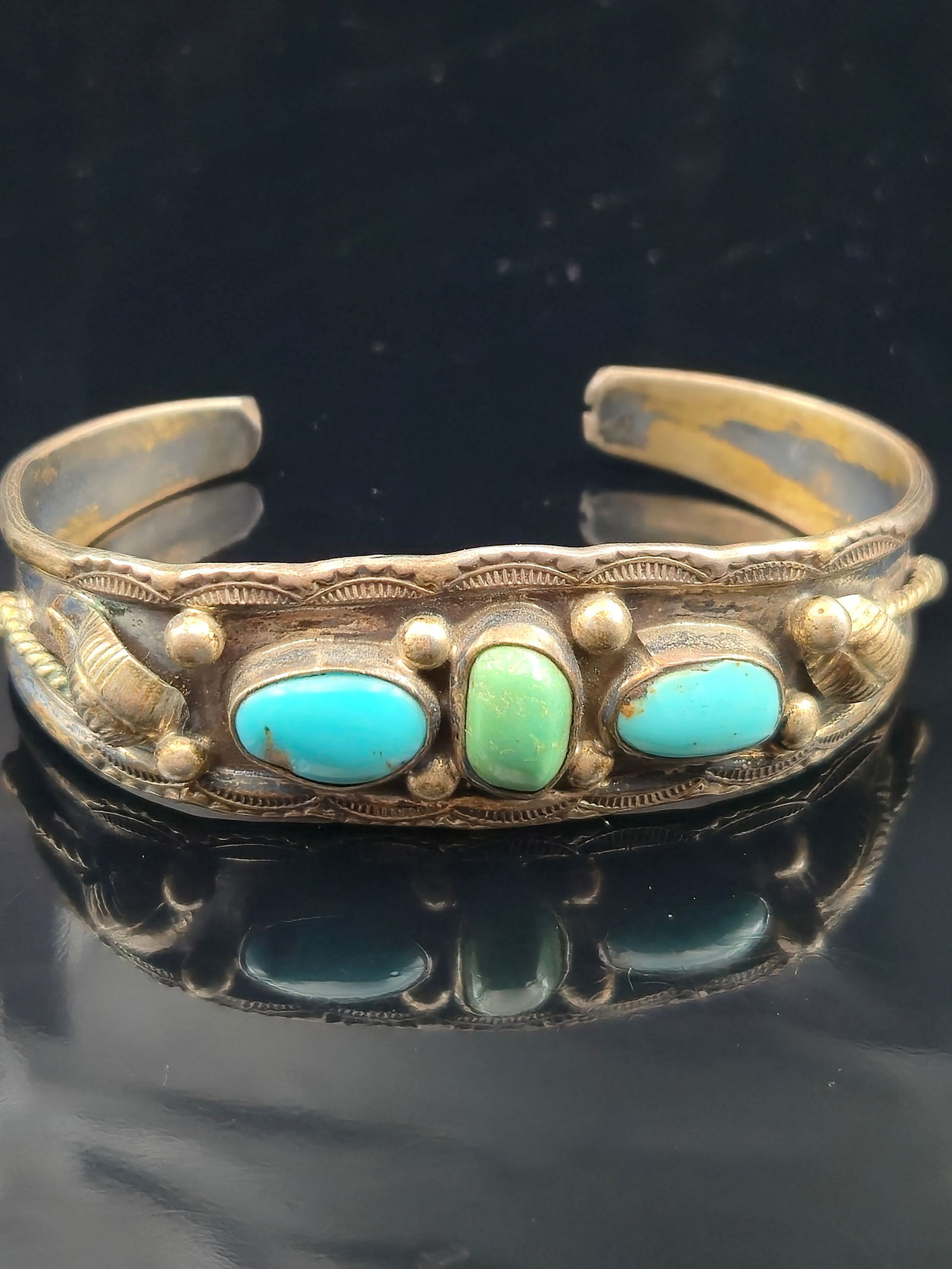 Navajo Sterling Silver Turquoise Cuff Bracelet 57mm Wide Three Oval Cabochons signed (1 of 8)