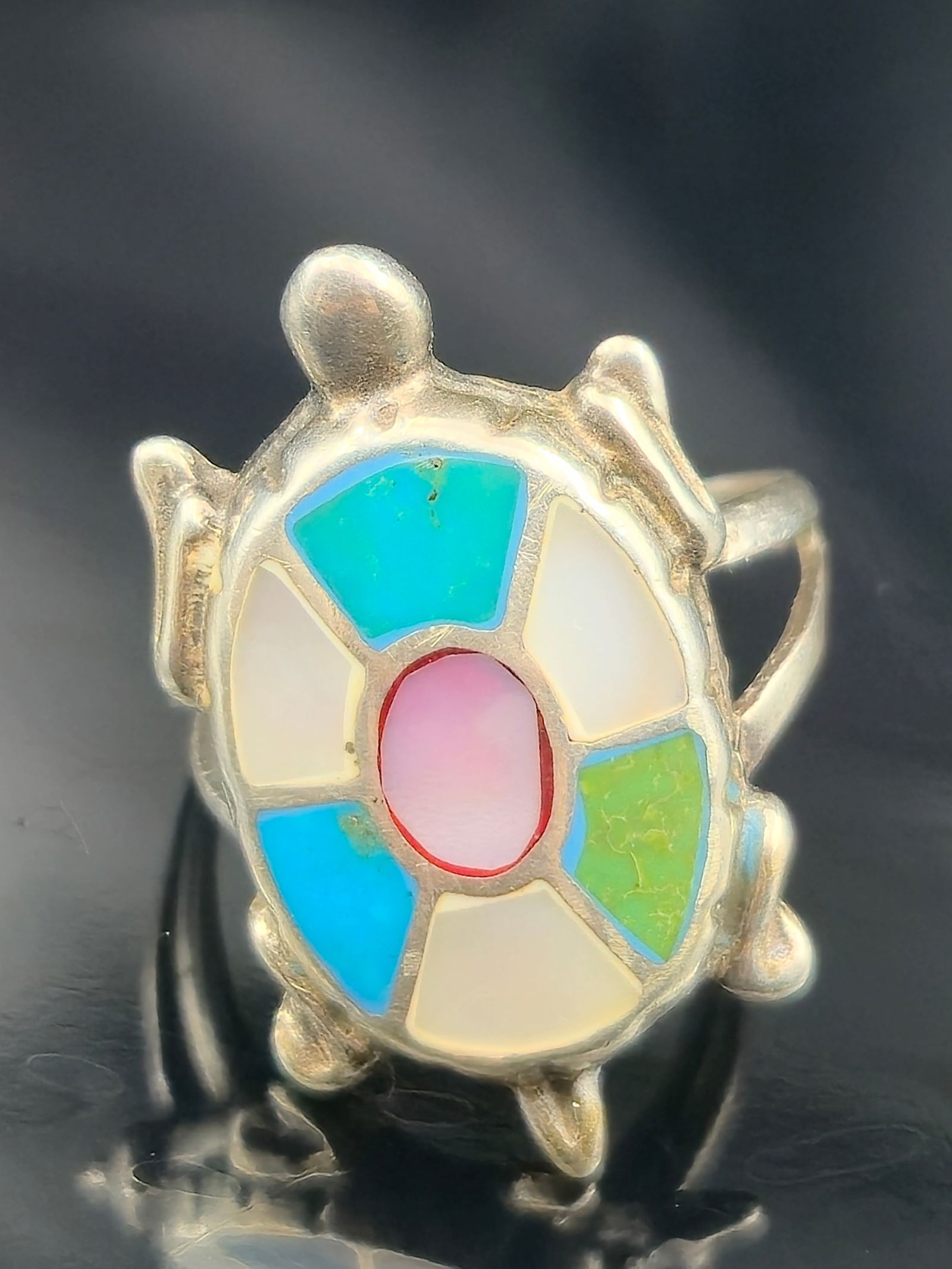 Zuni Sterling Silver Turtle Inlay Ring Size 7.5 Turquoise Mother of Pearl Coral Malachite Design 5.2 (1 of 7)