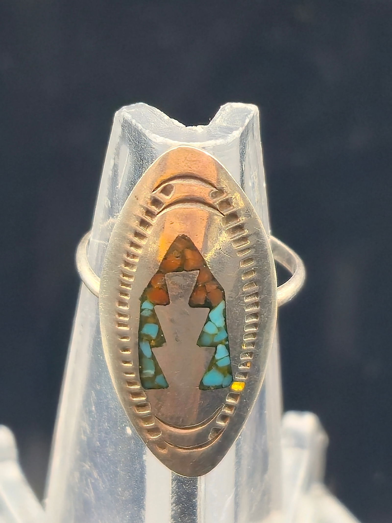 Vintage Navajo Sterling Silver Turquoise Coral Chip Inlay Arrowhead Ring Sz 7 2.9g Atkinson Trading (1 of 6)
