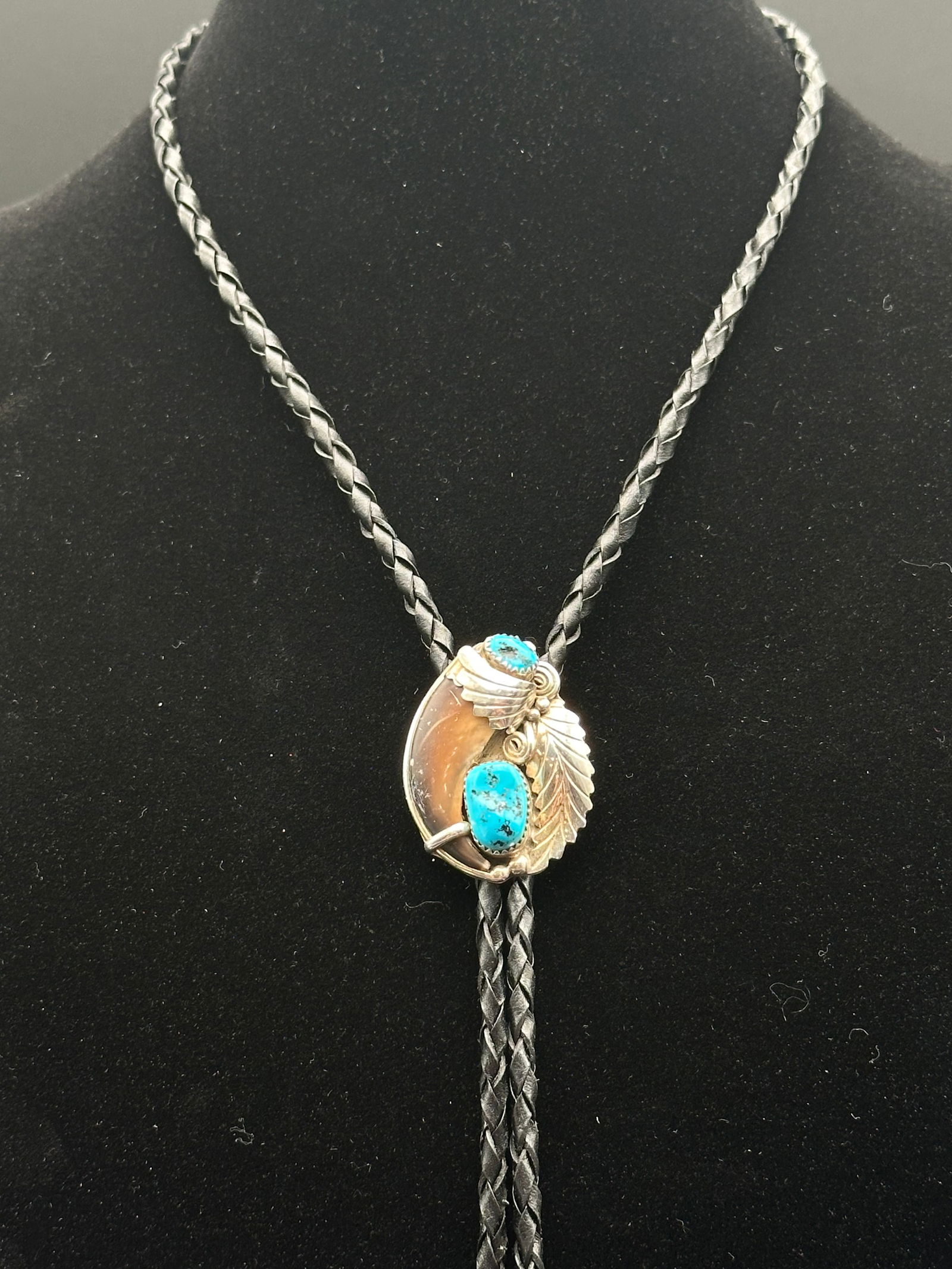 Vintage Navajo Sterling Silver Turquoise & Shell Bolo Tie (1 of 5)