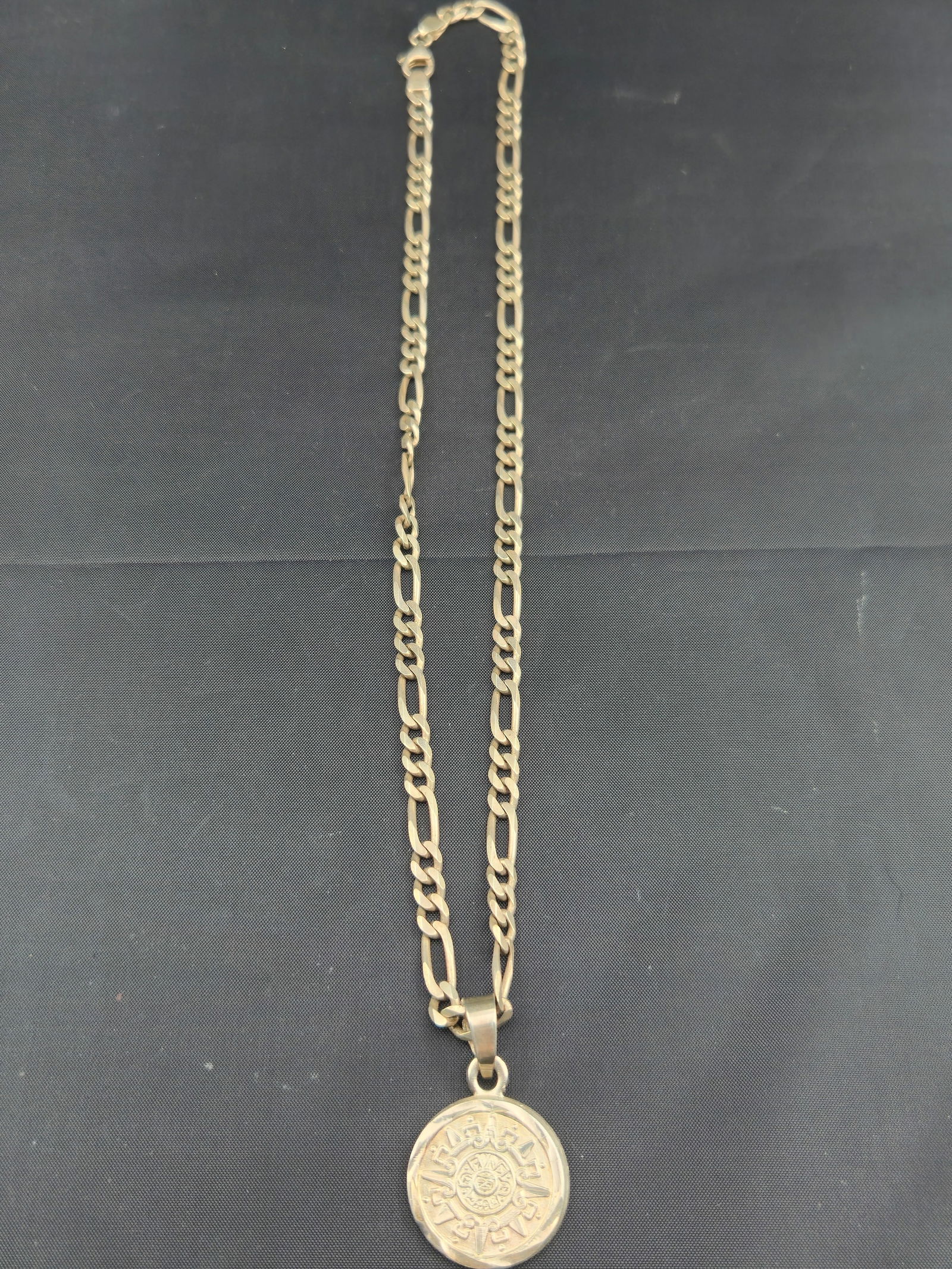 Vintage Mexico Sterling Silver 925 Heavy Aztec Sun Calendar Medallion Pendant Necklace 24" (1 of 7)