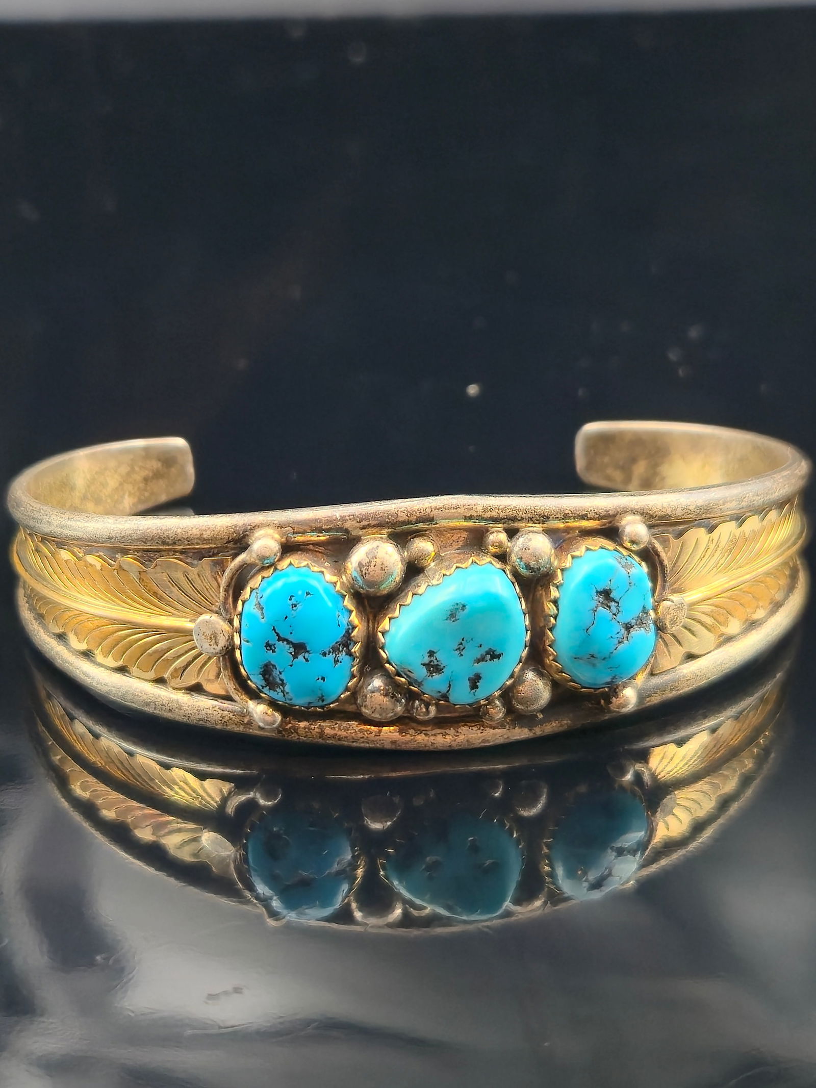 Agnes Little Navajo Sterling Silver 925 Cuff Bracelet w/ 3 Turquoise Cabochons 20.9g (1 of 7)