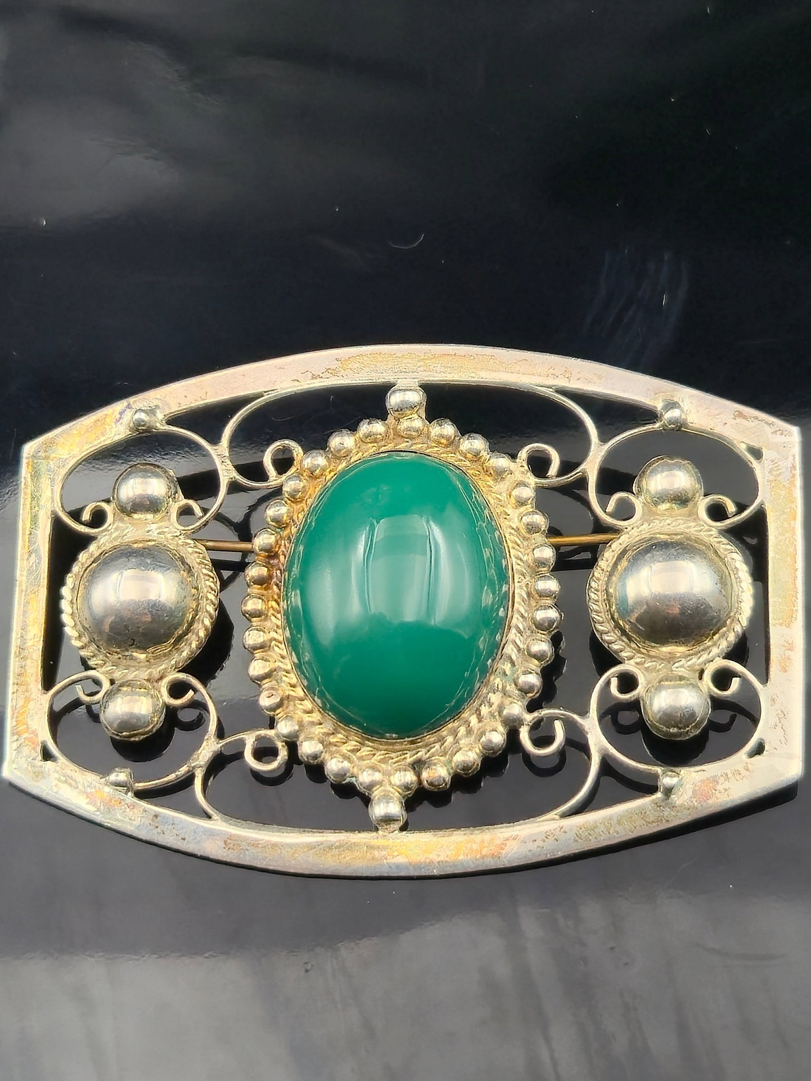 Mexico Sterling Silver 925 Filigree Brooch w/ Green Chalcedony Cabochon 15.6g (1 of 7)