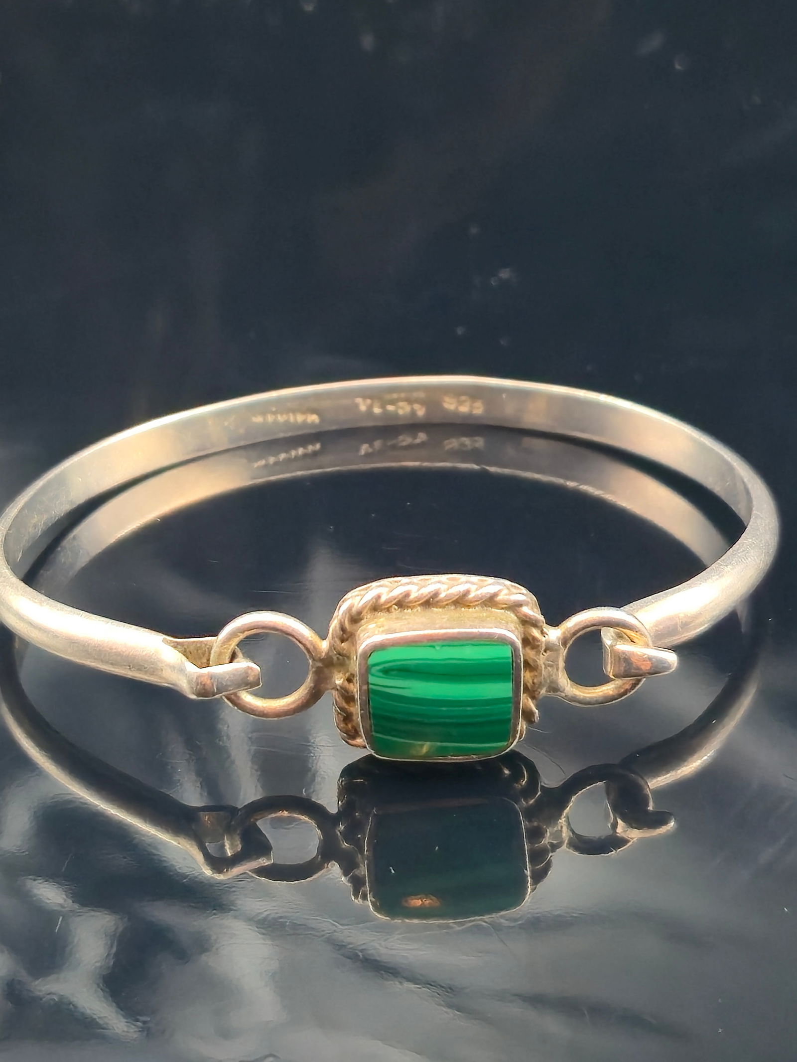 Taxco Mexico Sterling Silver 925 Hinged Bangle Bracelet w/ Rectangular Malachite 18.3g (1 of 5)