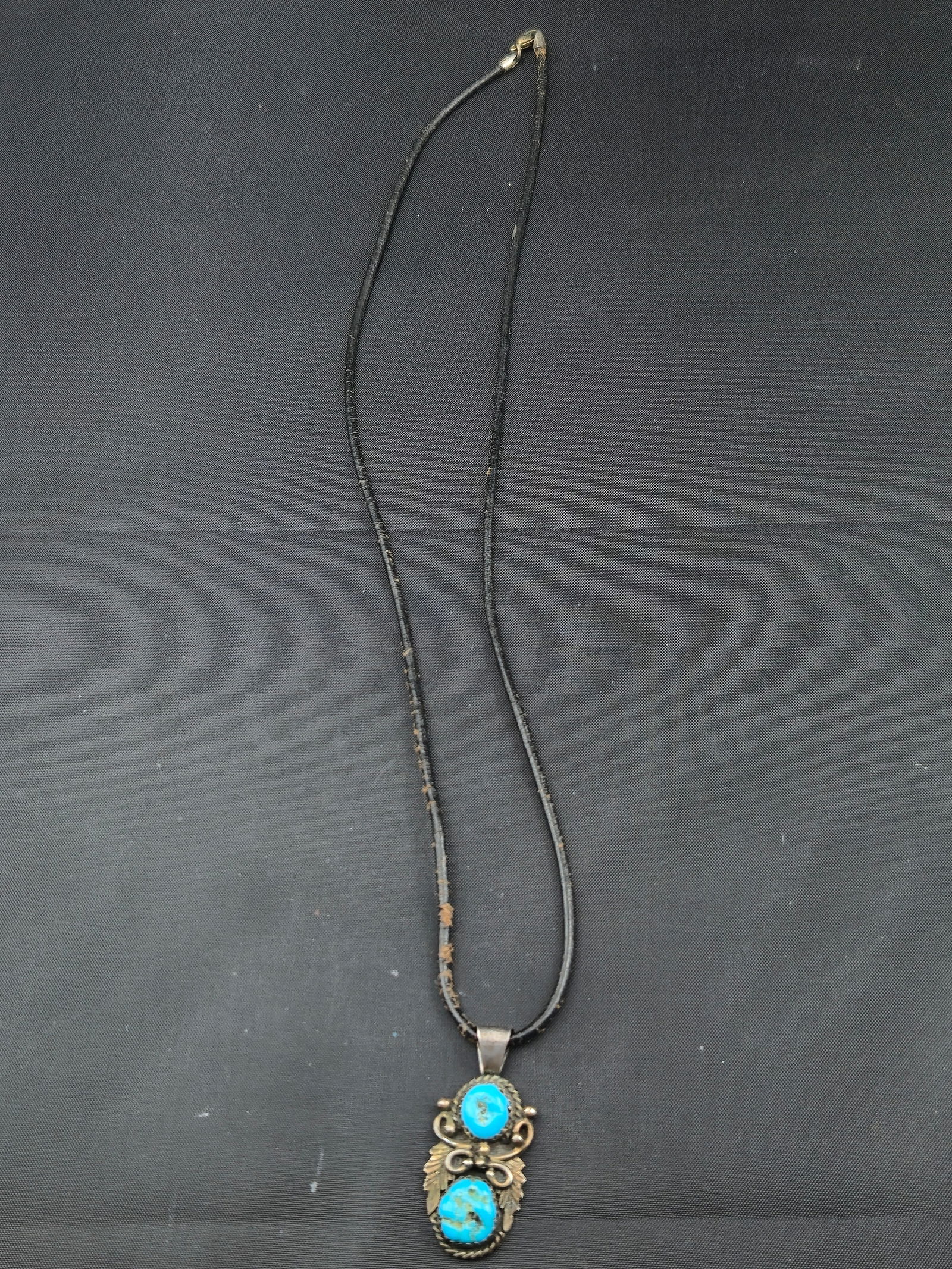 Herbert Begay Navajo Sterling Silver Pendant w/ 2 Turquoise Cabochons & Leather Necklace 4.6g (1 of 7)