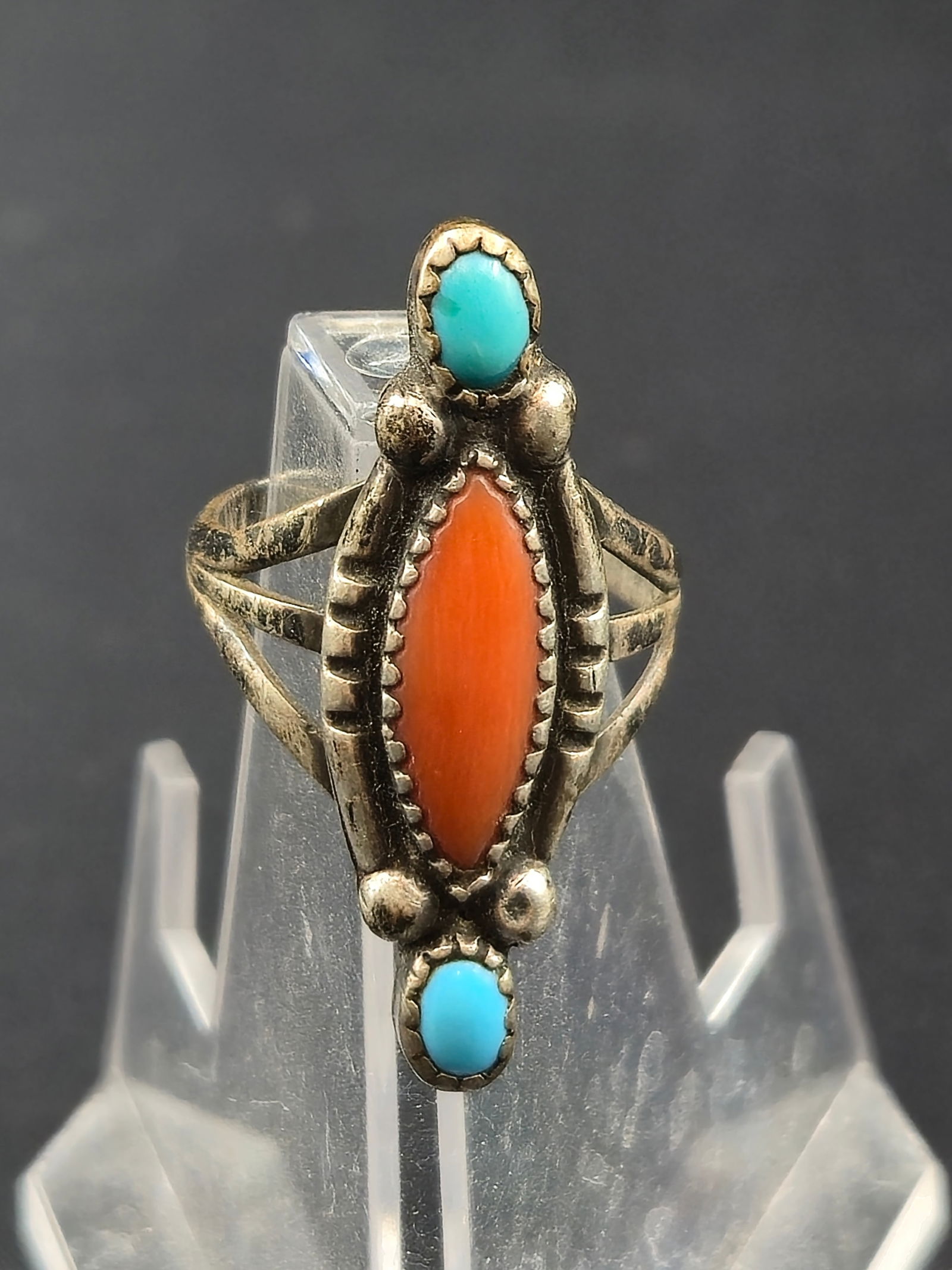 Navajo Sterling Silver Ring w/ Coral & Turquoise Cabochons Sz 7, 5.6g (1 of 7)