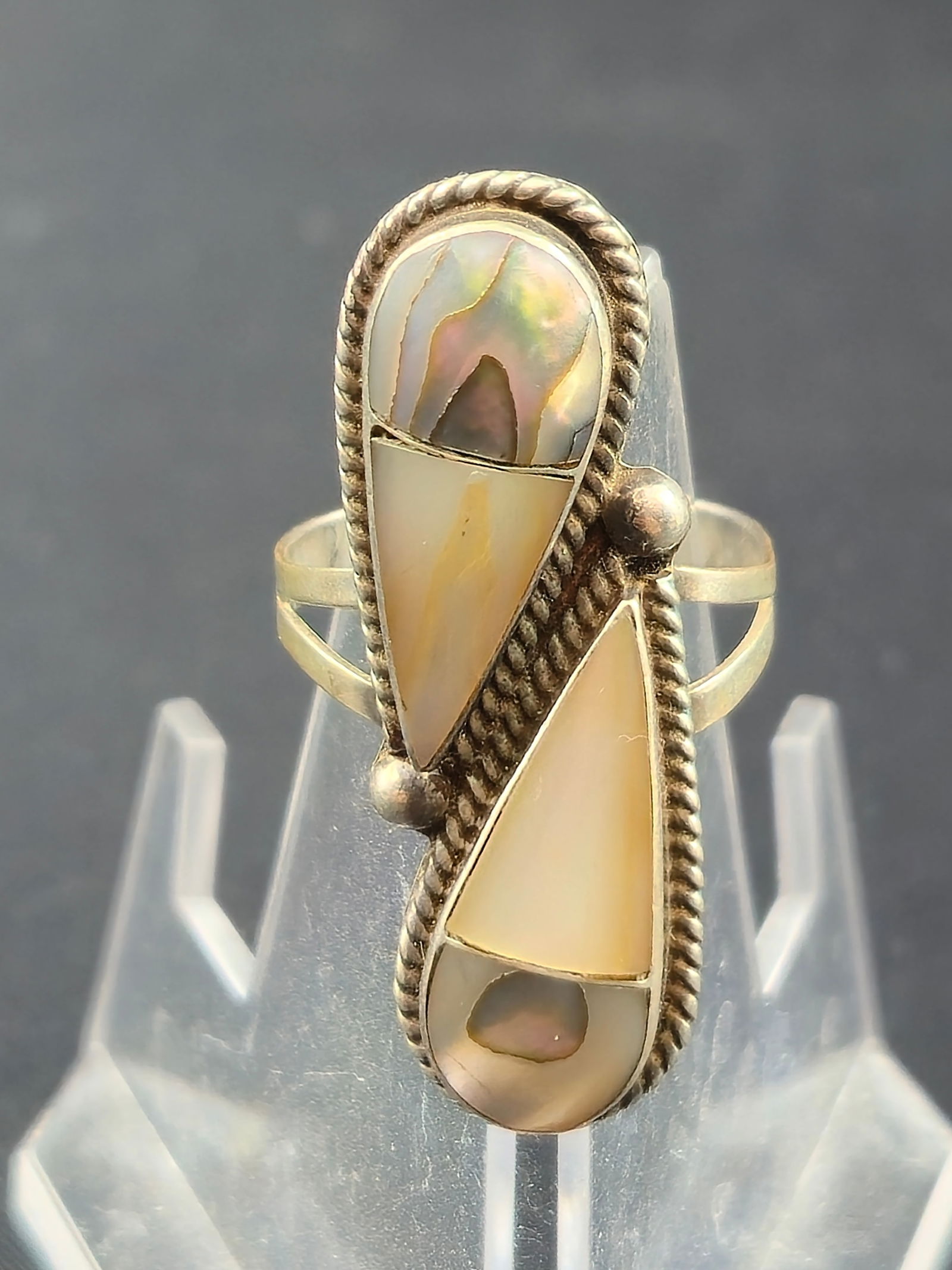 Mexican Sterling Silver Ring w/ Abalone & Mother of Pearl Inlay, Sz 8, 5.7g (1 of 6)
