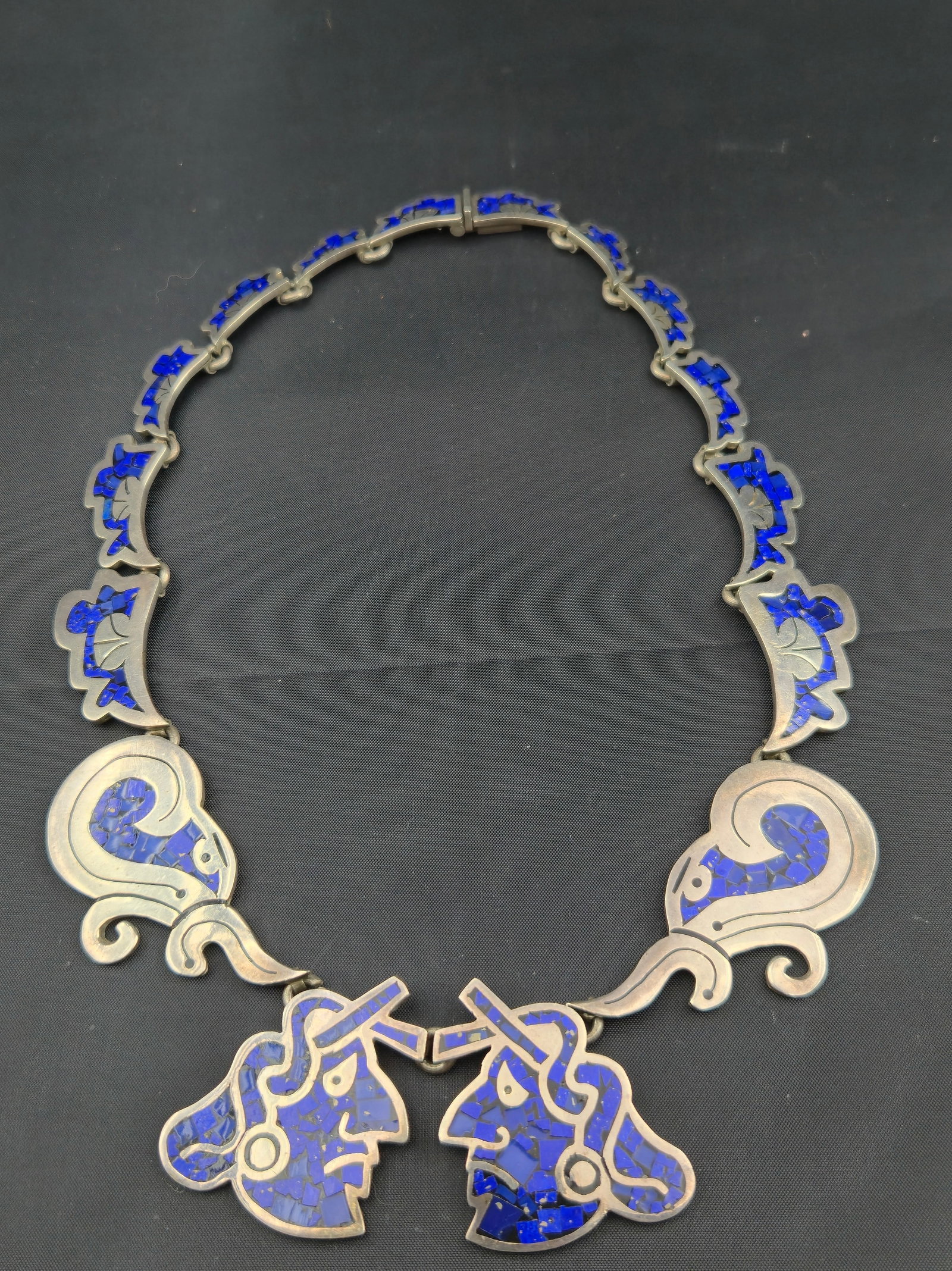 Chato Castillo Taxco Sterling Silver & Lapis Inlay Aztec Warrior Necklace 109.7g (1 of 8)
