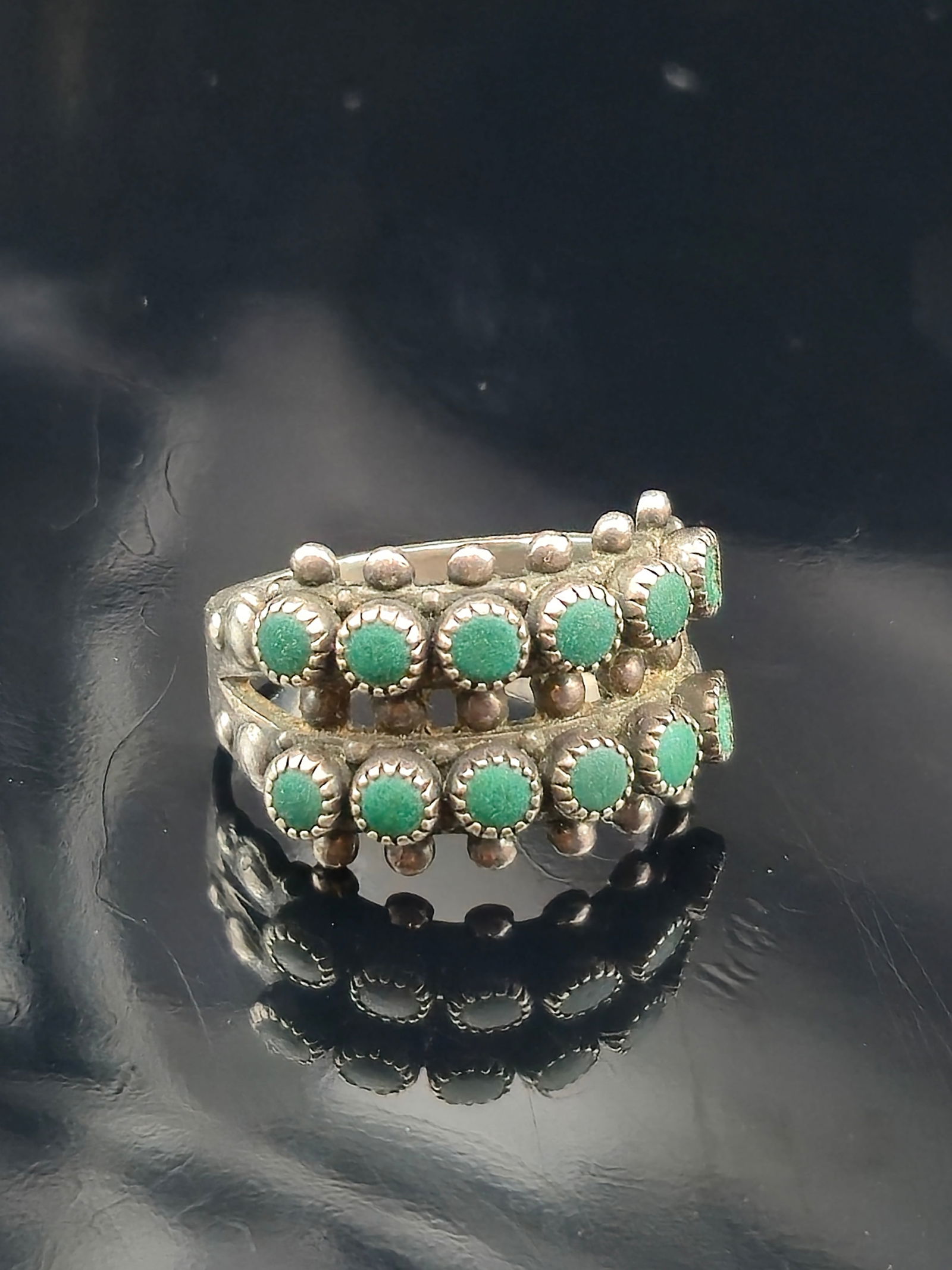 Navajo Sterling Silver Ring w/ Double Row Turquoise Cluster Sz 6.5, 5.0g (1 of 7)