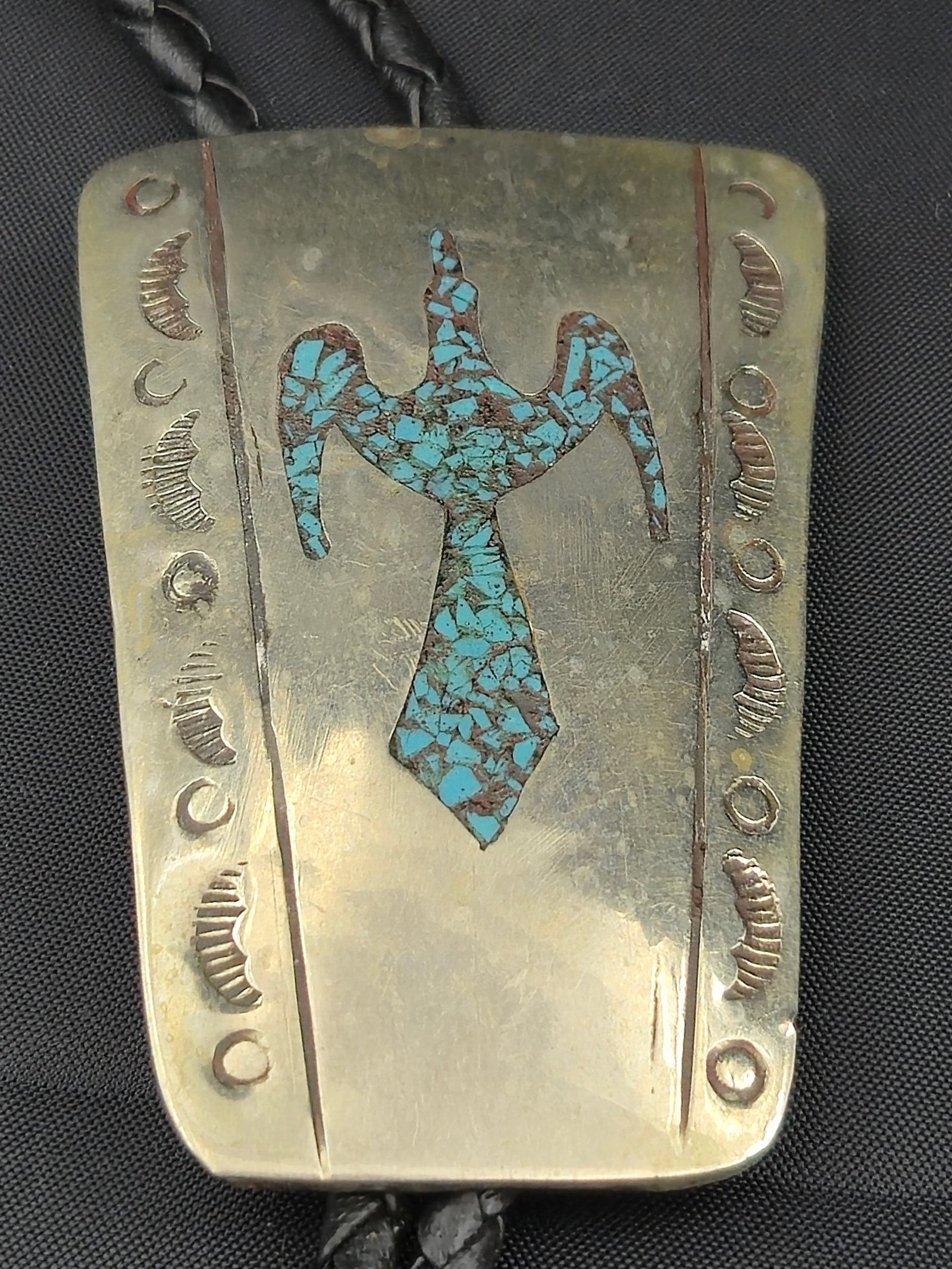 Herman Harvey Navajo Sterling Silver Bolo Tie w/ Turquoise Thunderbird Inlay, 31.6g (1 of 8)