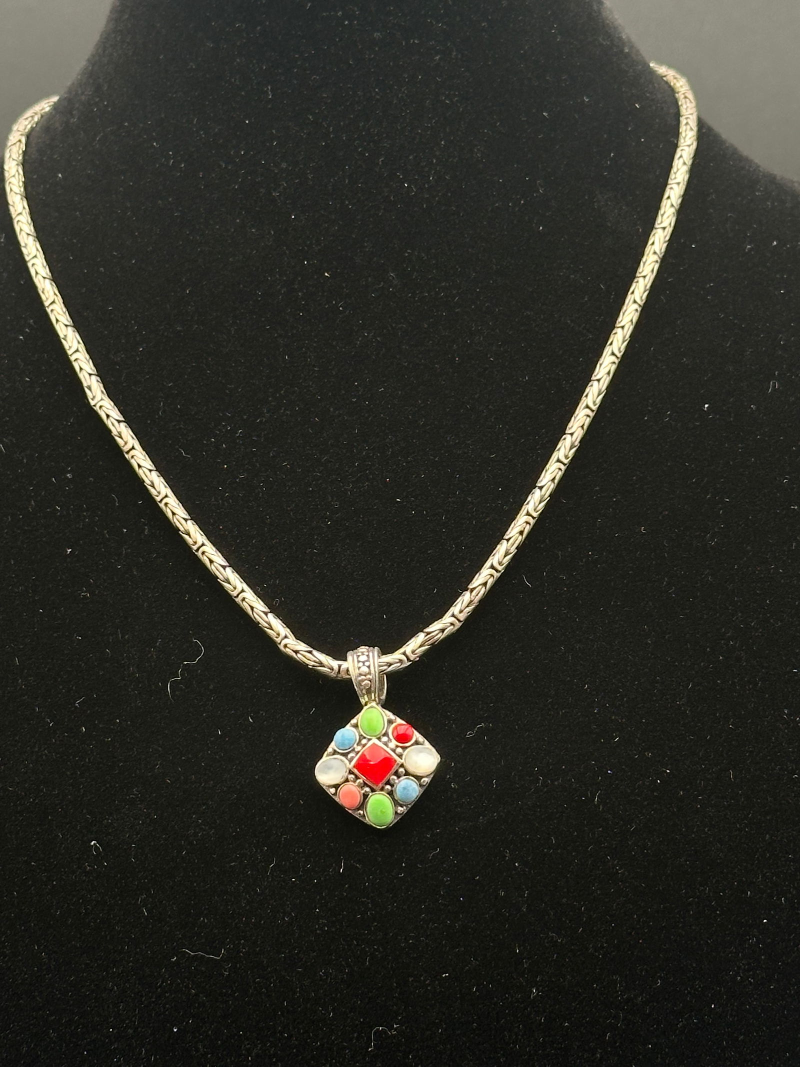 Sterling Silver Woven Chain Necklace with Multi-Stone Inlay Pendant, 35.5g (1 of 10)