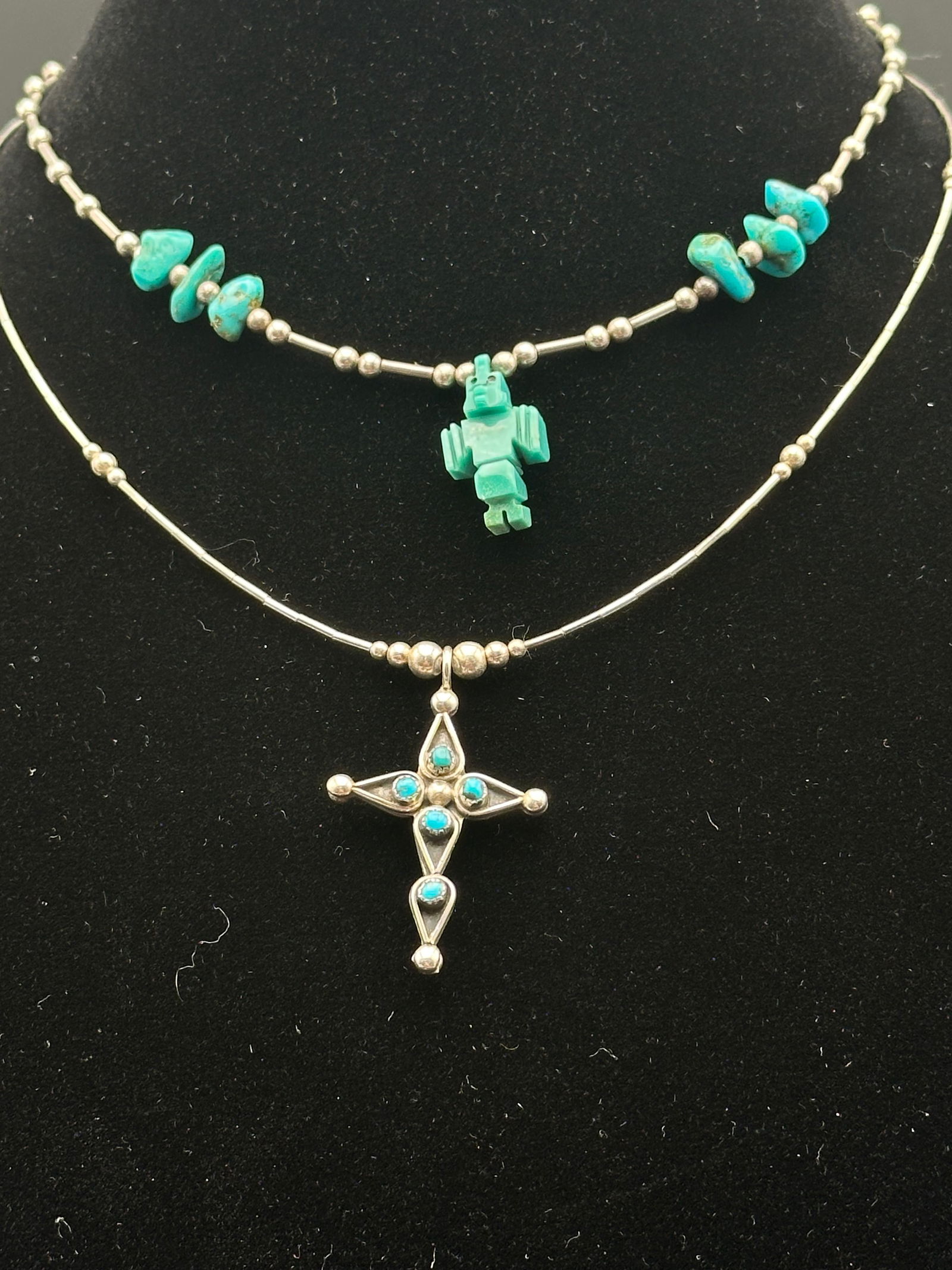 Two Sterling Silver Necklaces – Turquoise Thunderbird Fetish & Cross Pendant (1 of 8)