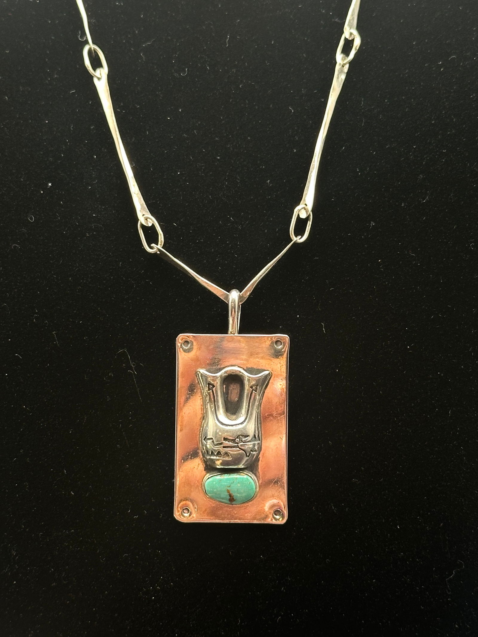 John Sipe “Wedding Vase” Sterling Silver & Copper Pendant Necklace with Turquoise, 31.8g (1 of 9)