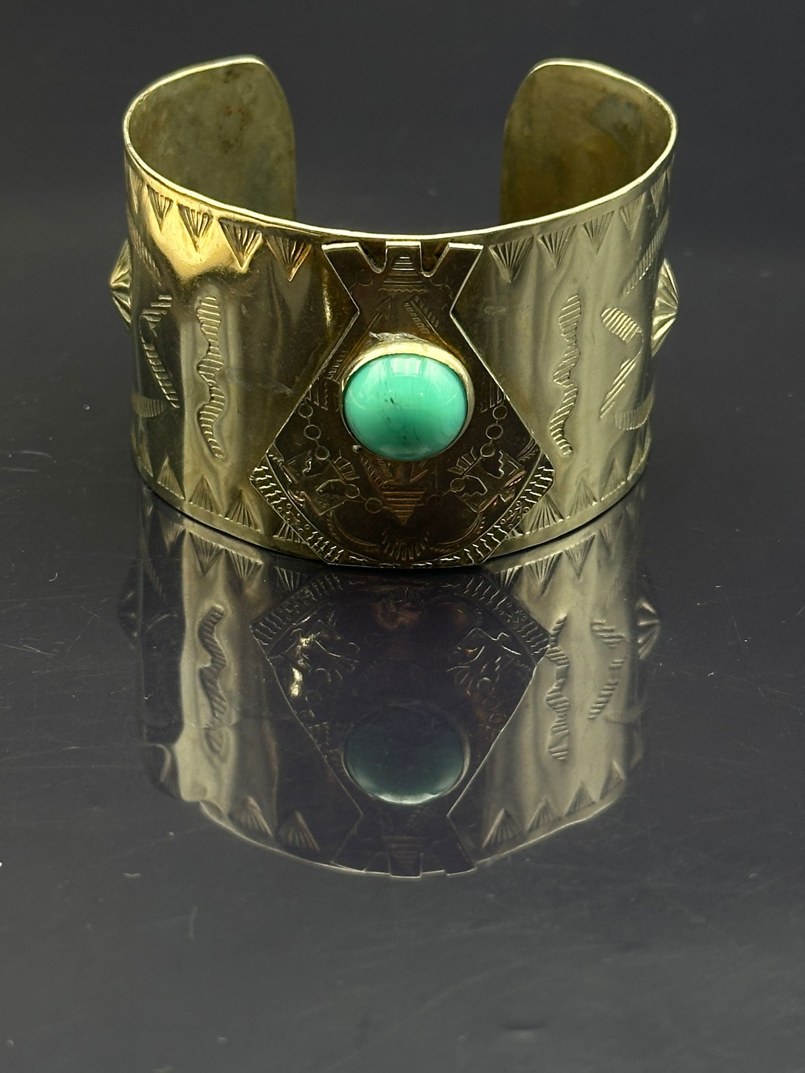 Vintage Sterling Silver Cuff Bracelet with Stamped Designs and Turquoise Cabochon, 42.2g (1 of 9)