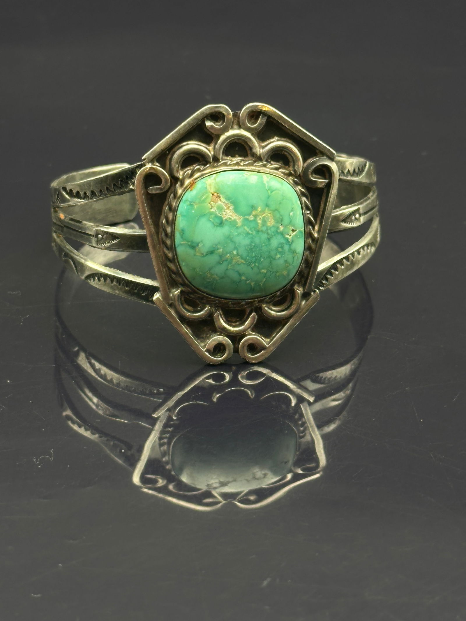 Vintage Sterling Silver Cuff Bracelet with Large Turquoise Cabochon, 28.2g (1 of 6)