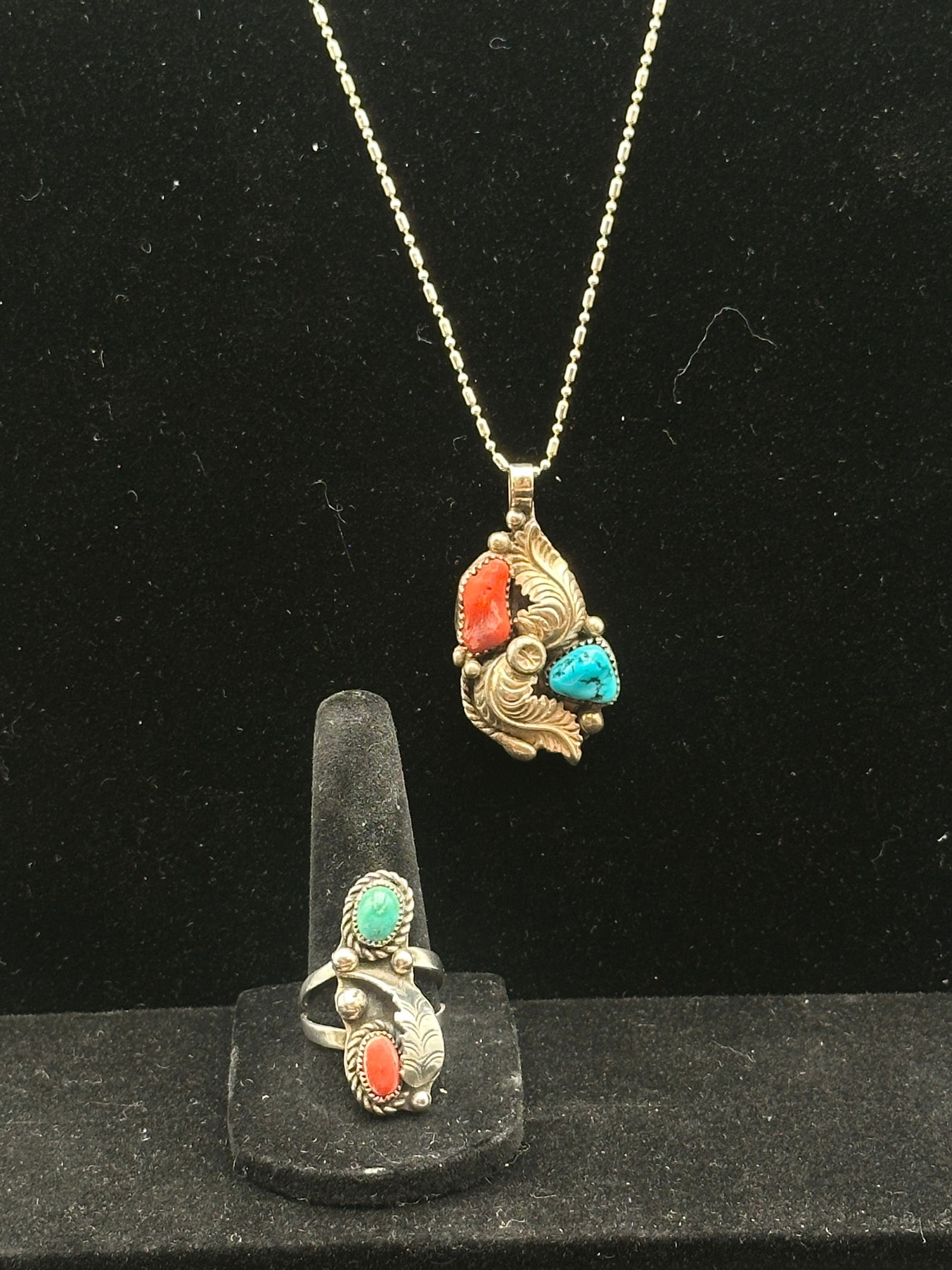 Sterling Silver Coral & Turquoise Necklace and Ring Set – 24.1g (1 of 13)