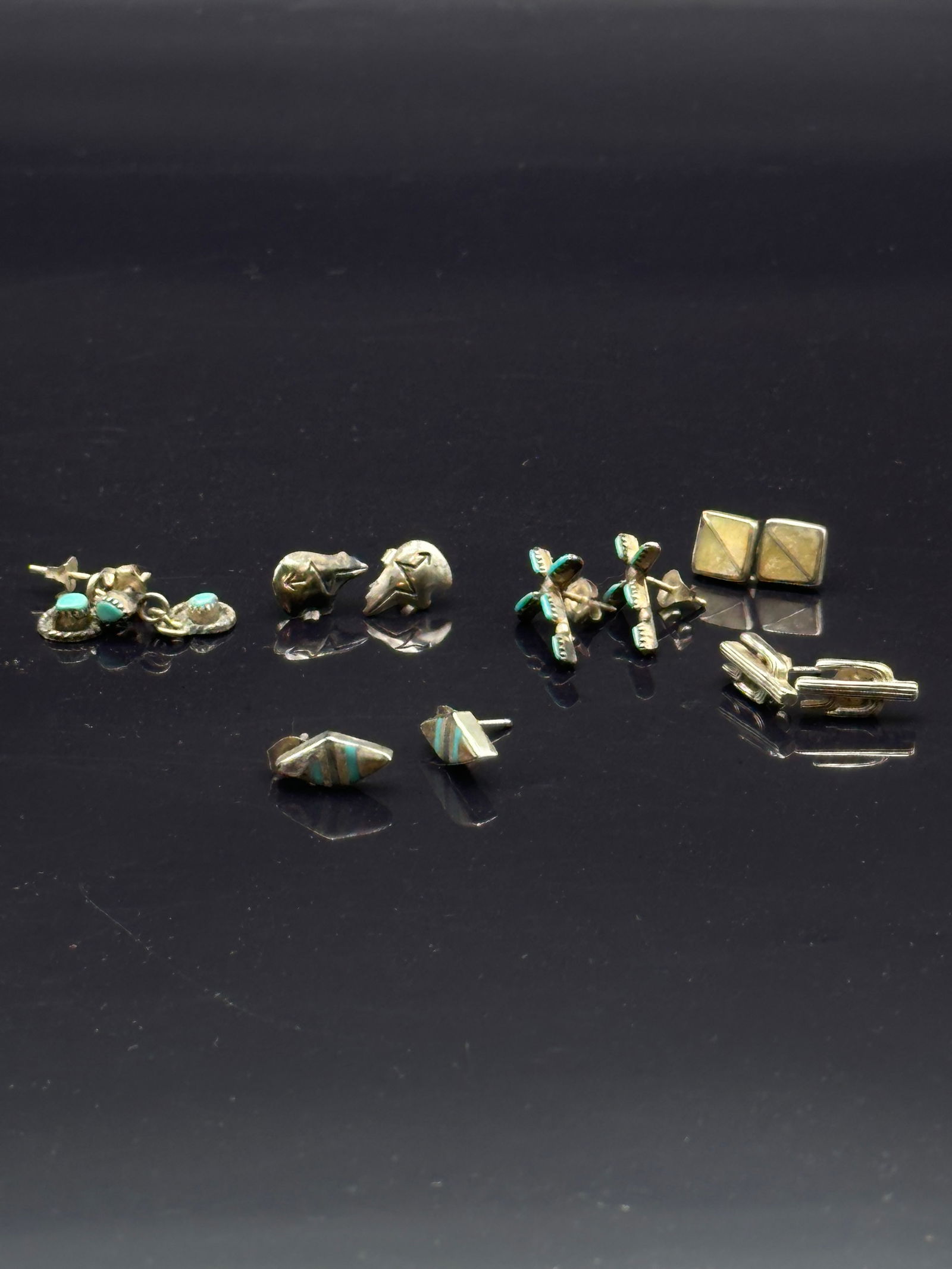 Pair of sterling silver earrings with small turquoise cabochons arranged in cluster drops. Classic S (1 of 7)