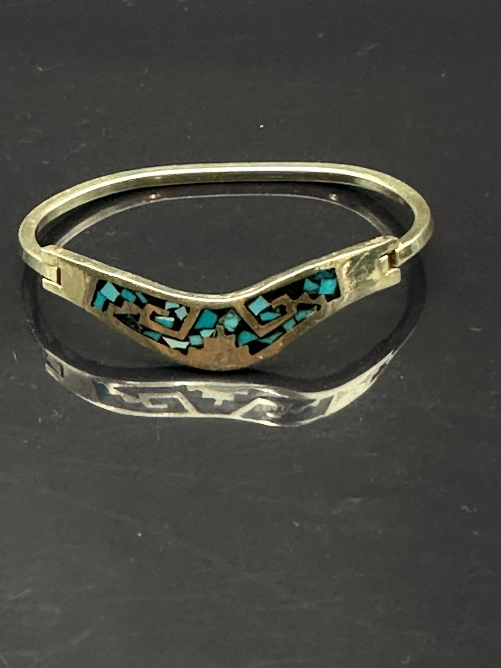 Mexican Sterling Silver Turquoise Inlay Bangle Bracelet, Taxco Marked (1 of 9)
