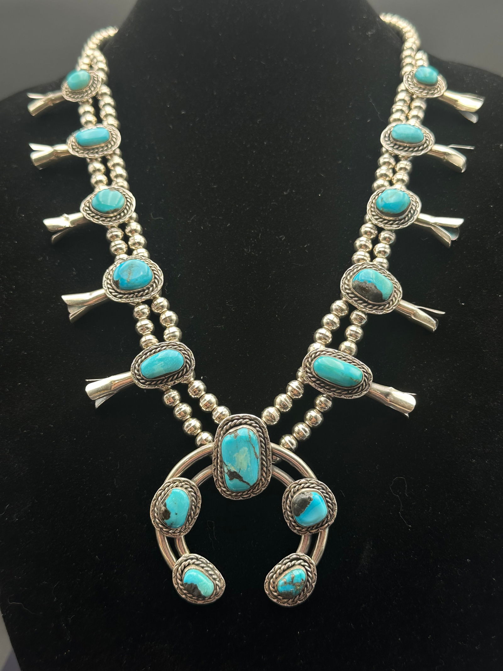 Navajo Sterling Silver & Turquoise Squash Blossom Necklace – 162g (1 of 9)