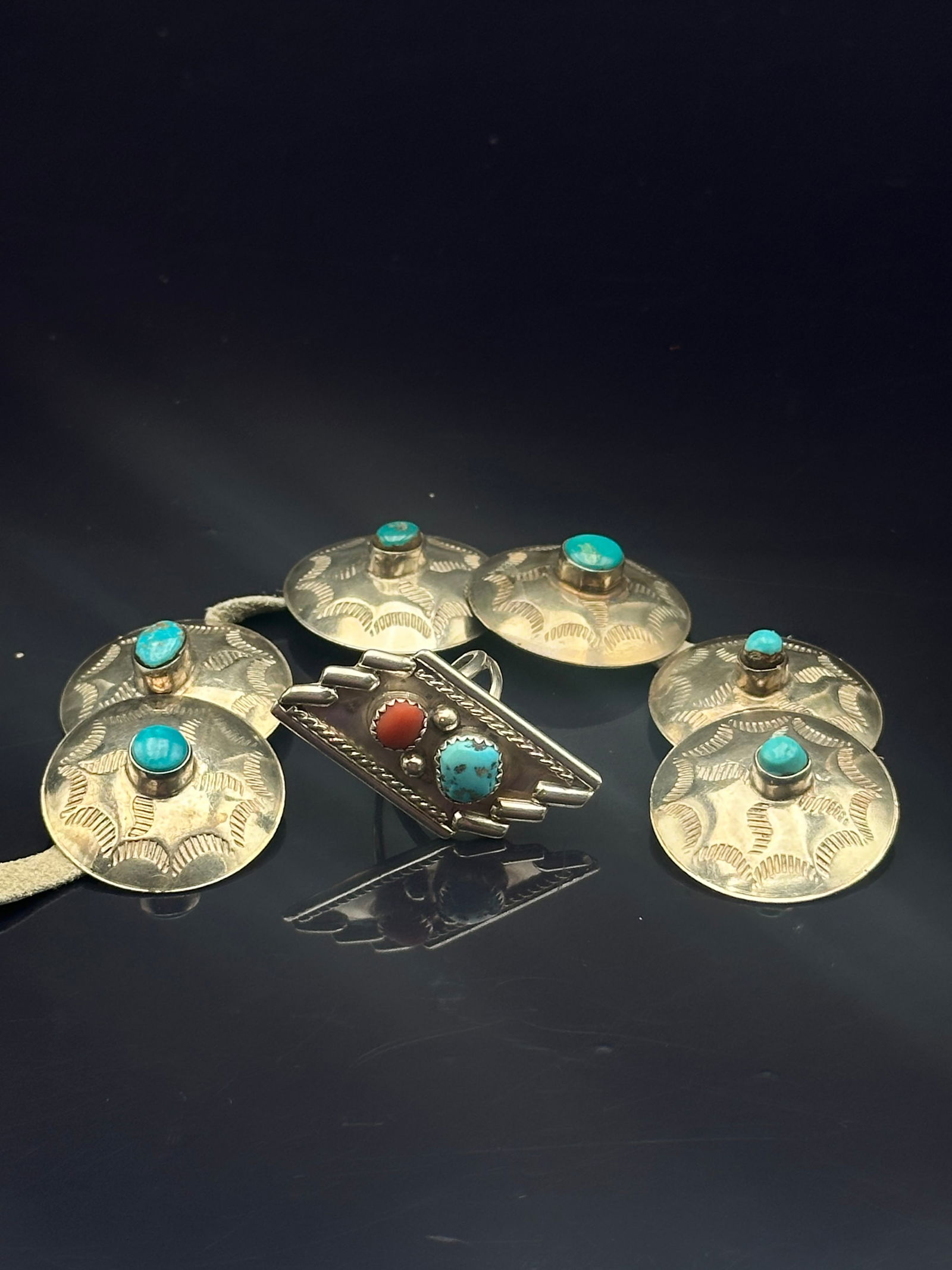 Vintage Navajo Sterling Silver Concho Bracelet & Turquoise Coral Ring Lot (32.9g) (1 of 9)