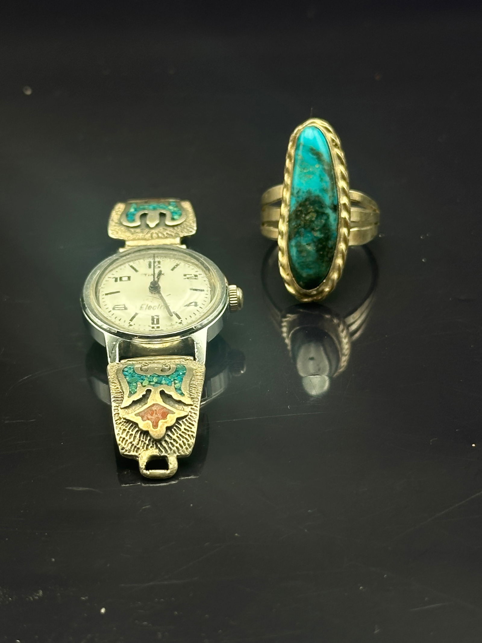 Vintage Timex Watch with Native American Sterling Silver Inlay Bands & Turquoise Ring Lot (1 of 7)