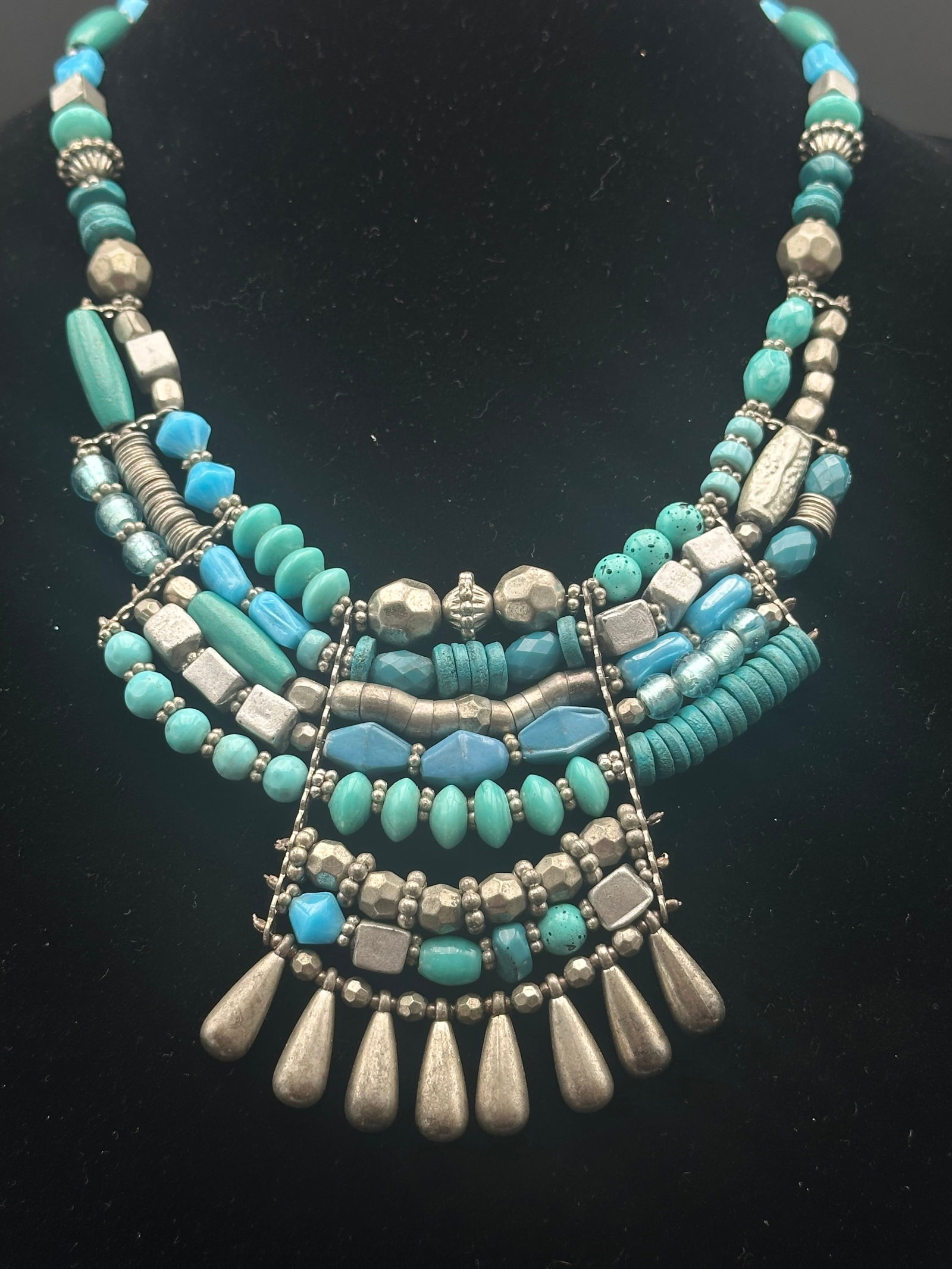 Vintage Tribal Statement Necklace with Turquoise Beads and Silver Tone Drops (1 of 7)