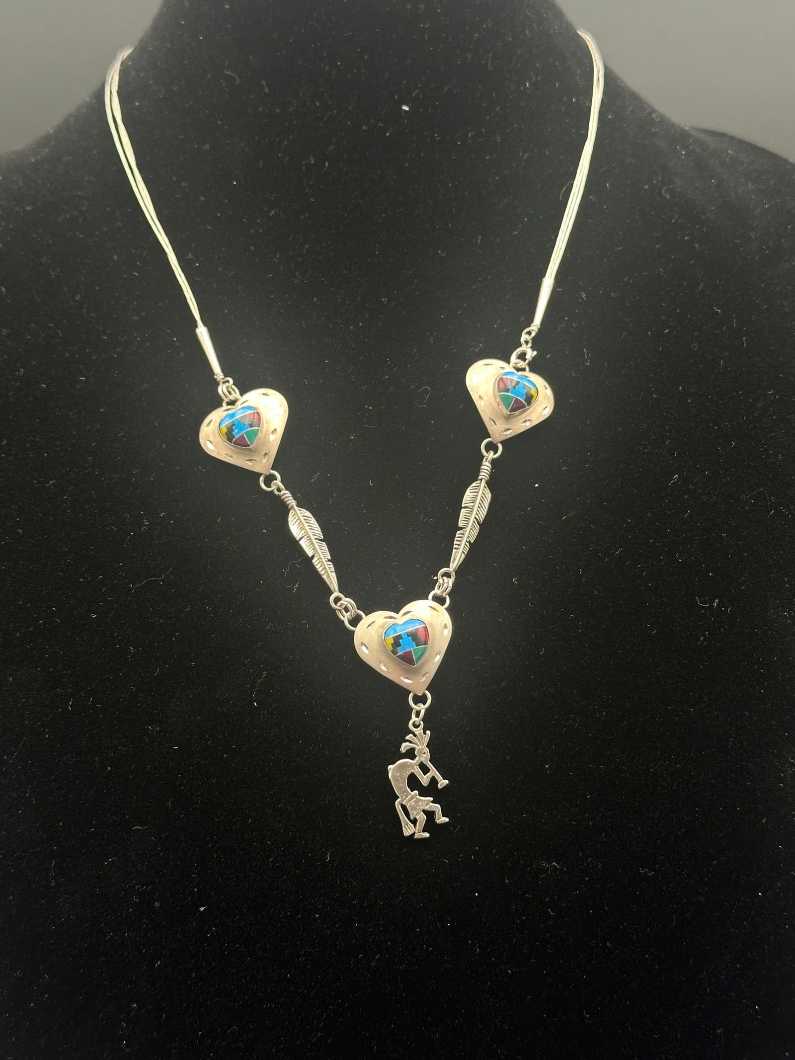 Vintage Sterling Silver Heart & Arrow Necklace with Kokopelli Inlay Design, 13.7g (1 of 8)