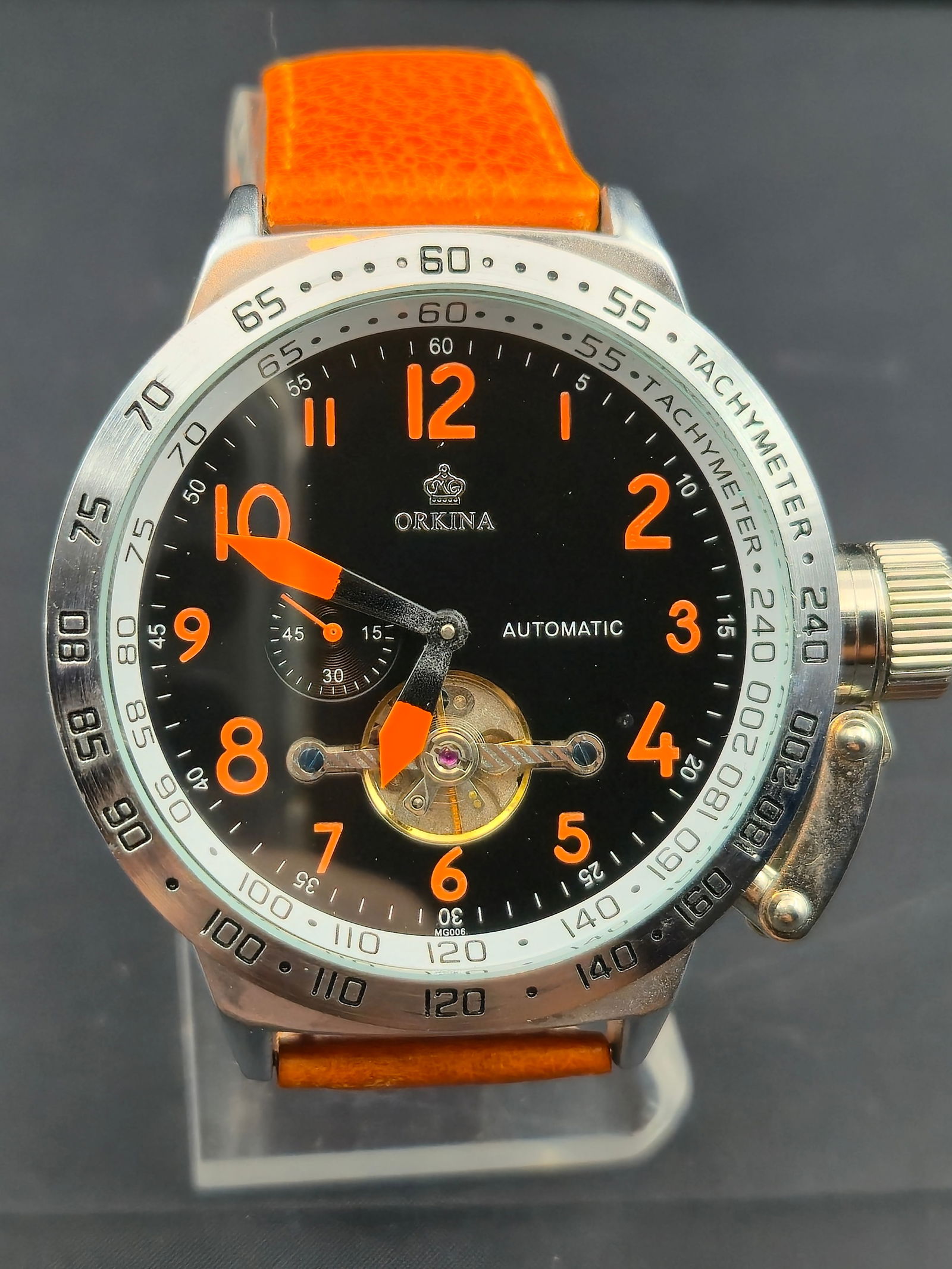 Orkina Automatic Stainless Steel Pilot-Style Watch Open Heart 52mm w/ Orange Strap (1 of 8)