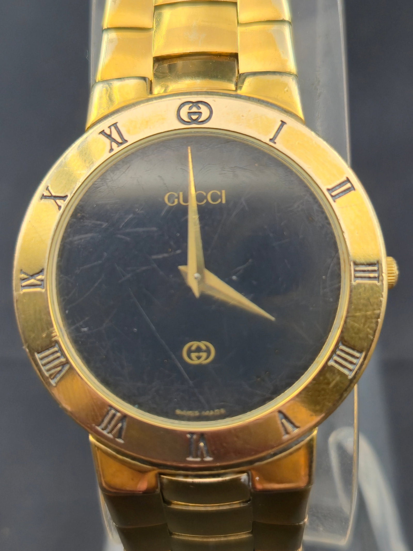 Gucci 3300M 32mm Gold-Plated Roman Numeral Quartz Dress Watch Black Dial (1 of 6)