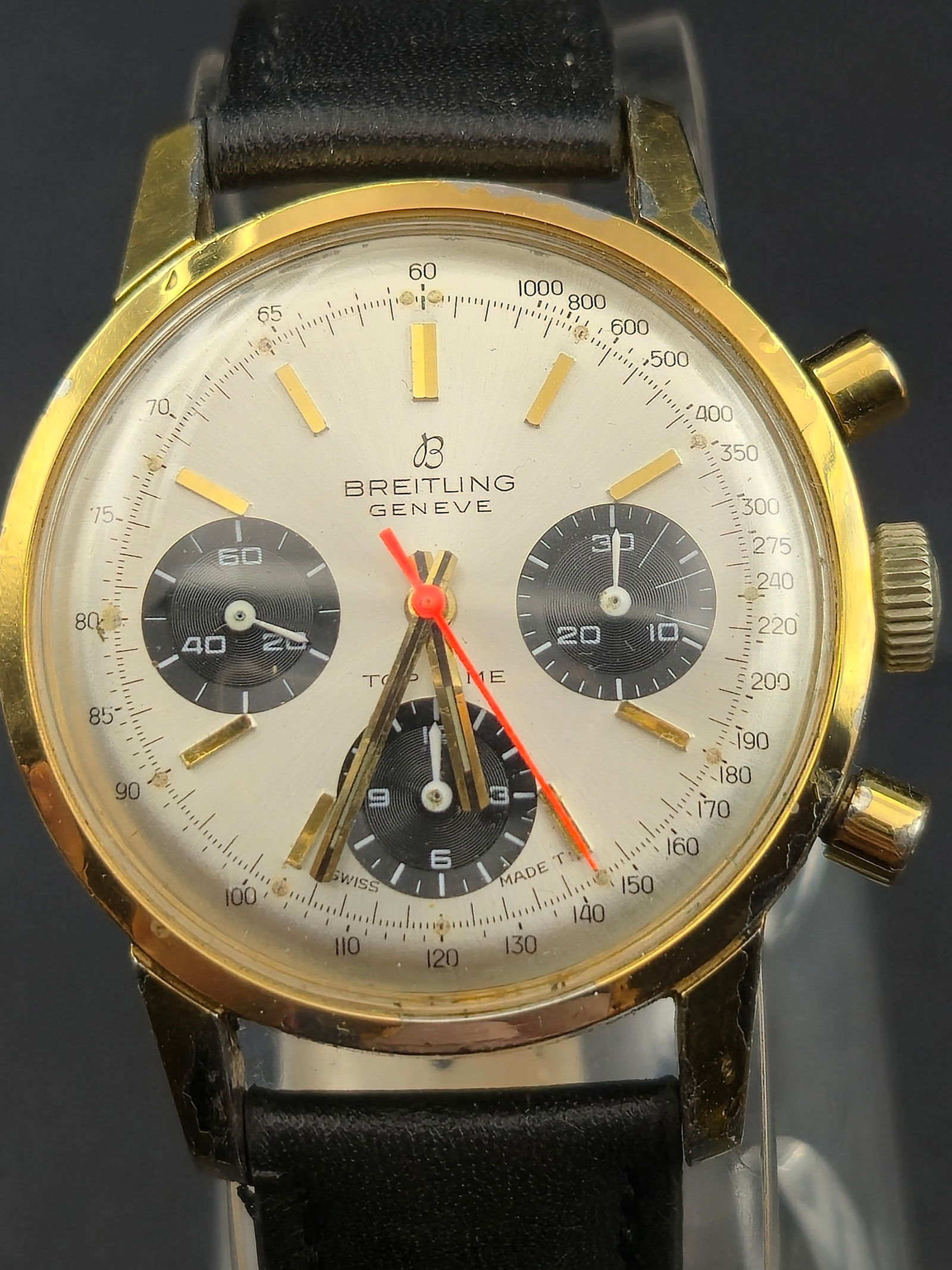 1960s Breitling Top Time Ref. 810 38mm Gold-Plated Chronograph Venus 178: Vintage Breitling Top Time chronograph wristwatch, reference 810, circa 1960s. Case size 38mm, gold-plated stainless steel case with pump pushers and signed “B” crown. Silver dial with three b