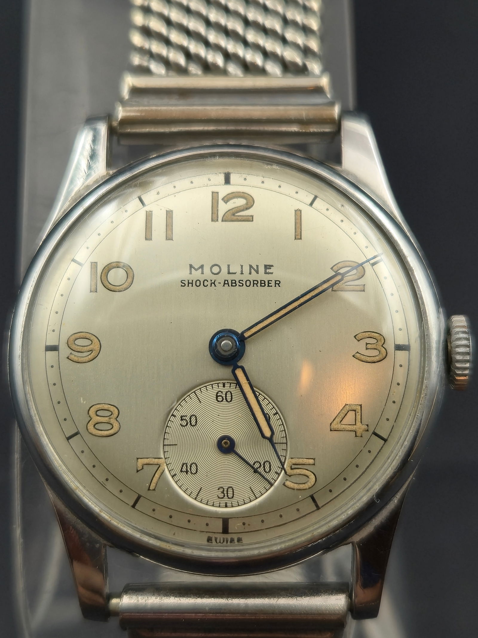 1950s Moline Shock-Absorber Swiss 17J Manual Wind Wristwatch 30mm Stainless (1 of 8)