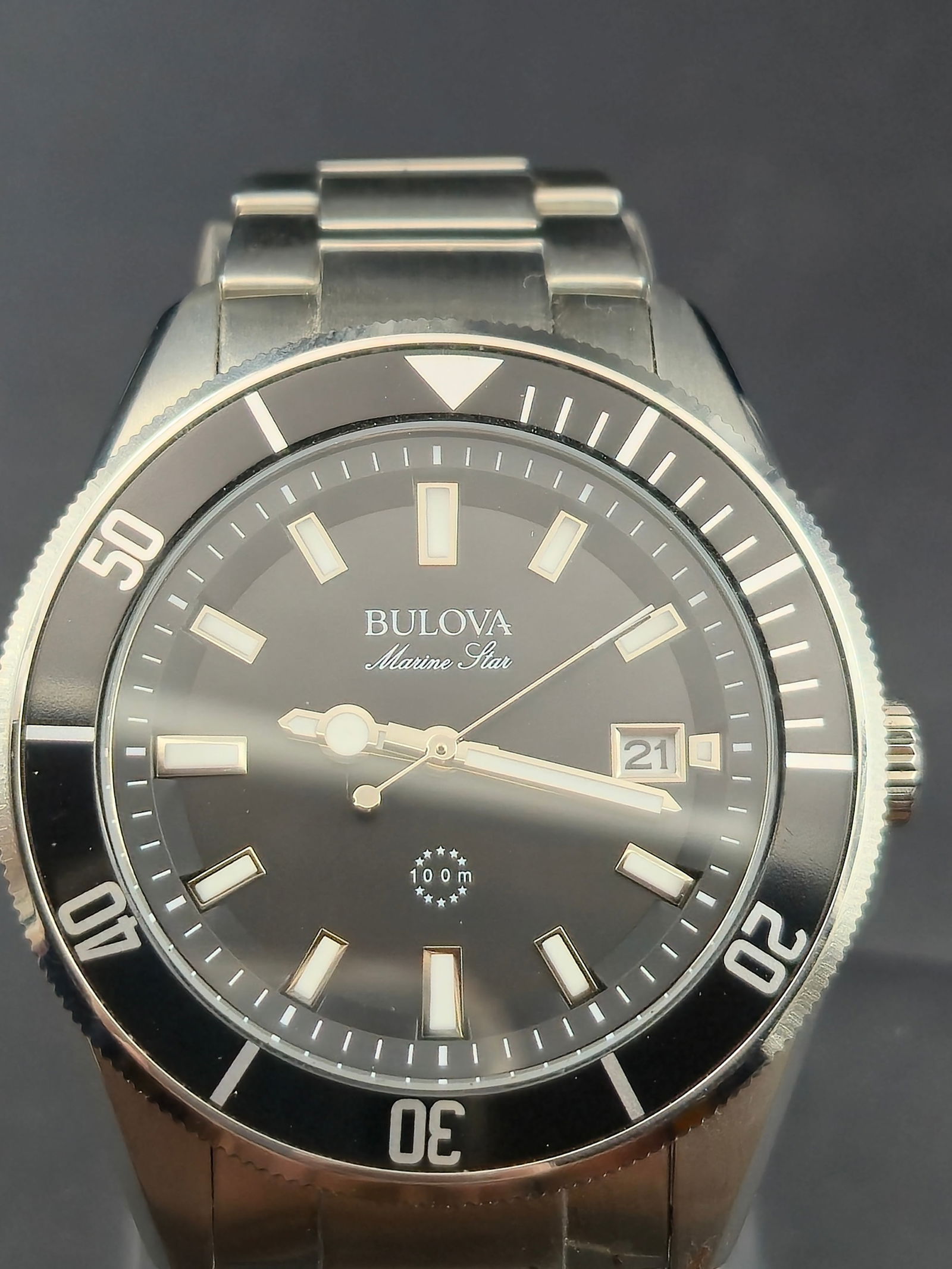 2000s Bulova Marine Star Quartz Diver 98B203 41mm Stainless Steel 100M: Bulova Marine Star diver-style wristwatch, reference 98B203, circa 2000s. Features a 41mm stainless steel case with black unidirectional rotating bezel and matching stainless steel bracelet. Black dia